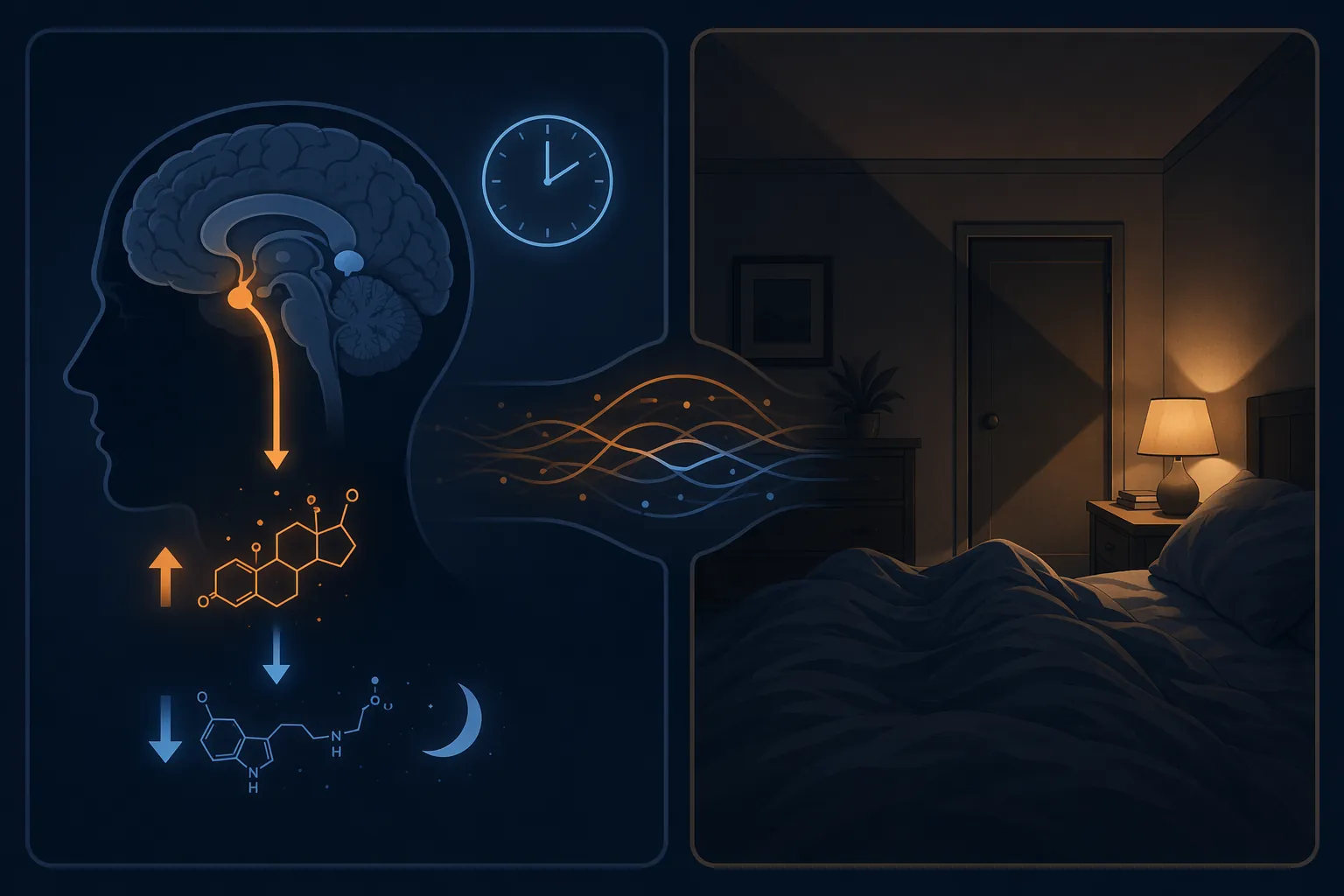 Illustration showing two layers of sleep disruption: elevated cortisol and low melatonin on one side, and a bedroom becoming a cue for wakefulness on the other