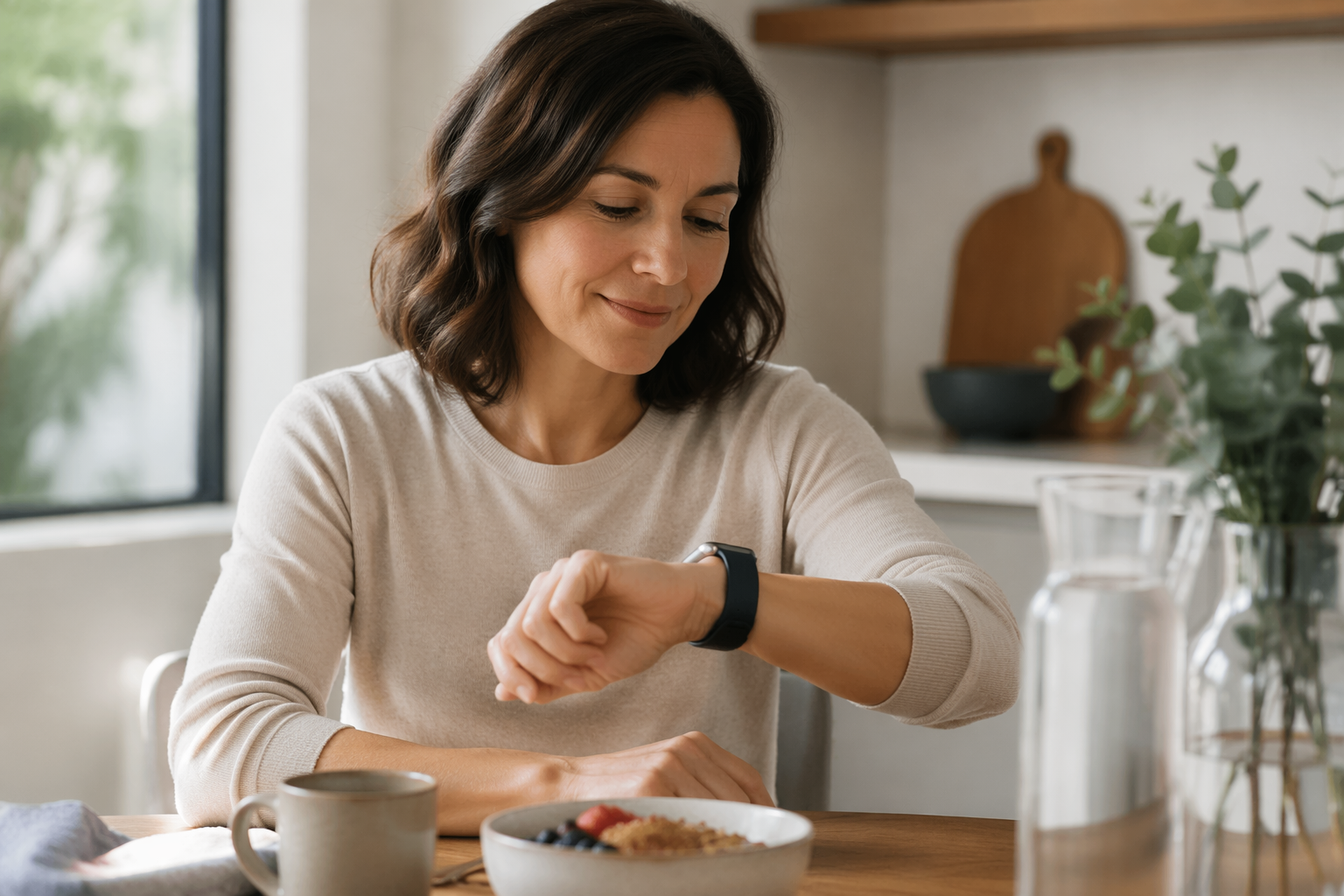 Person calmly checking an Apple Watch at breakfast in soft morning light