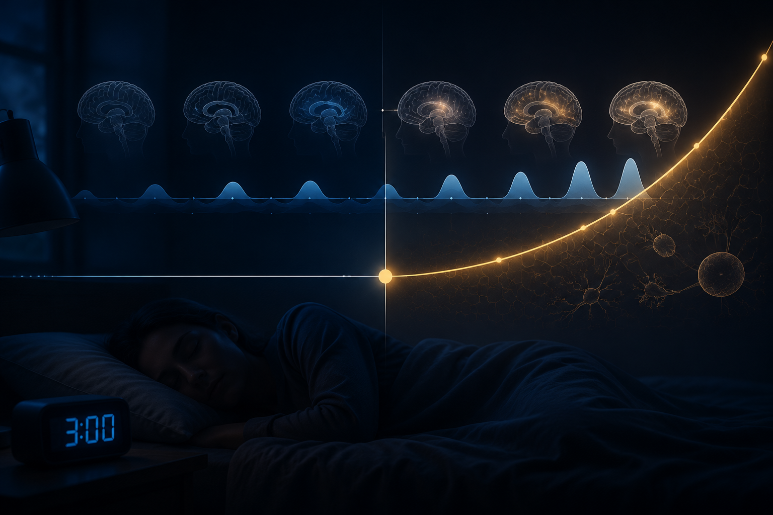 Dark bedroom scene with a 3am clock and overlapping sleep-cycle and cortisol-rise patterns