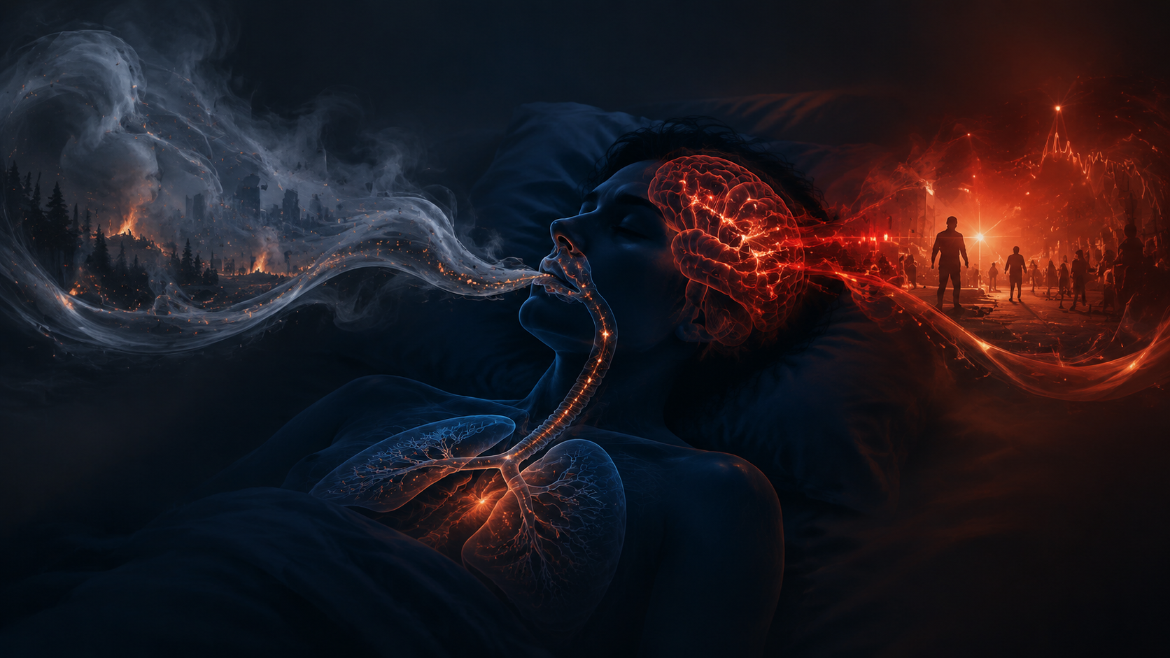 Sleeping figure affected by a smoky airway pathway and a neural hyperarousal pathway