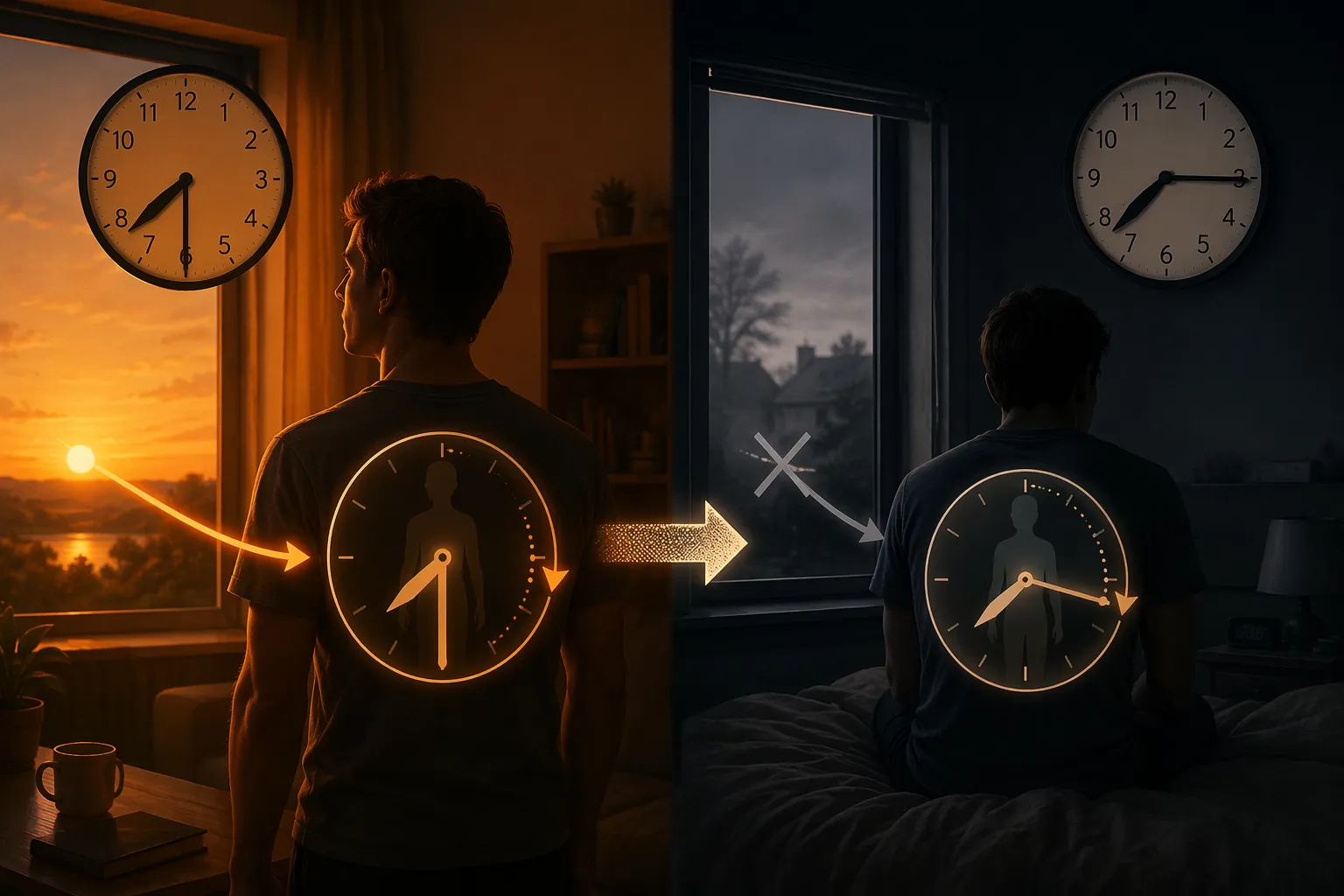 Illustration showing evening light delaying the body clock and dark morning conditions failing to anchor wake timing
