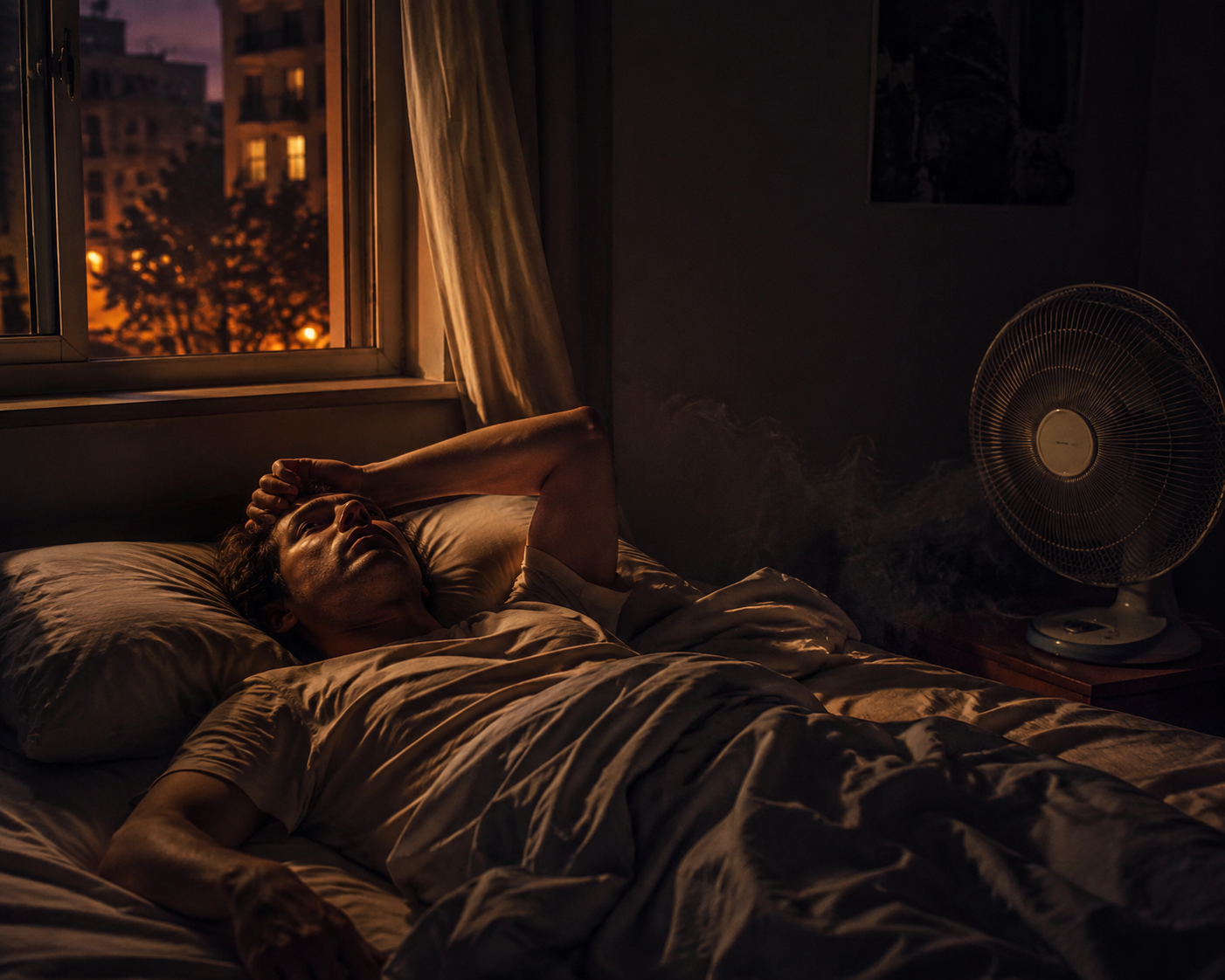 Person lying awake in a hot stuffy bedroom with tangled sheets, warm outdoor glow, and an ineffective fan