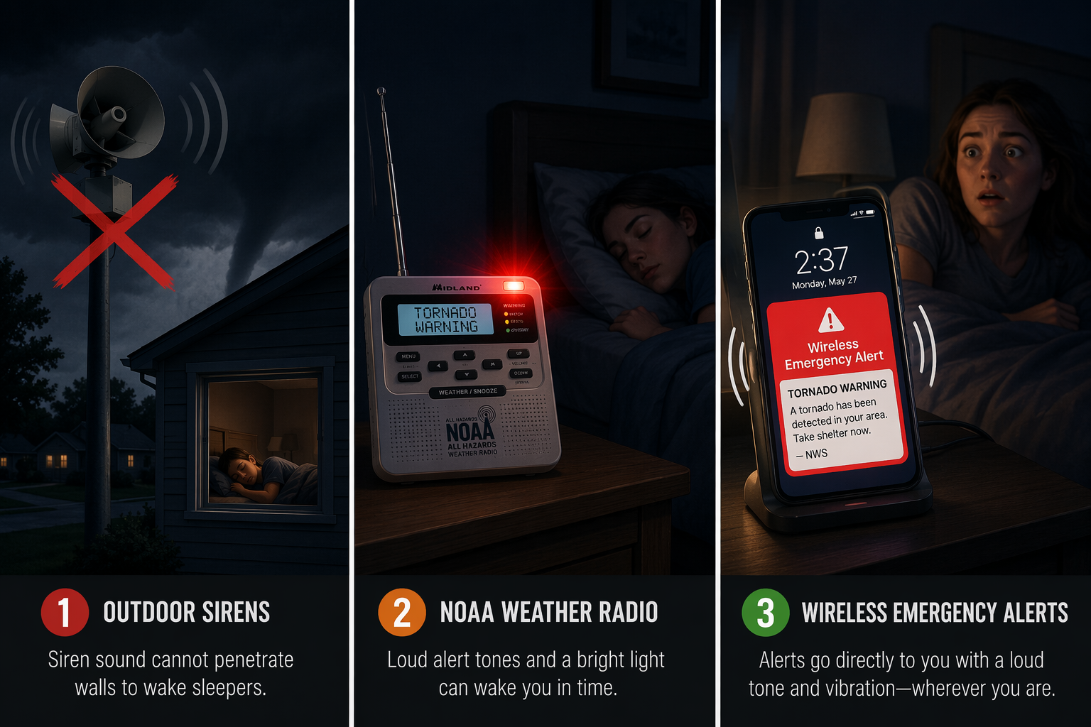Illustration comparing outdoor sirens with NOAA Weather Radio and smartphone alerts for waking sleepers at night