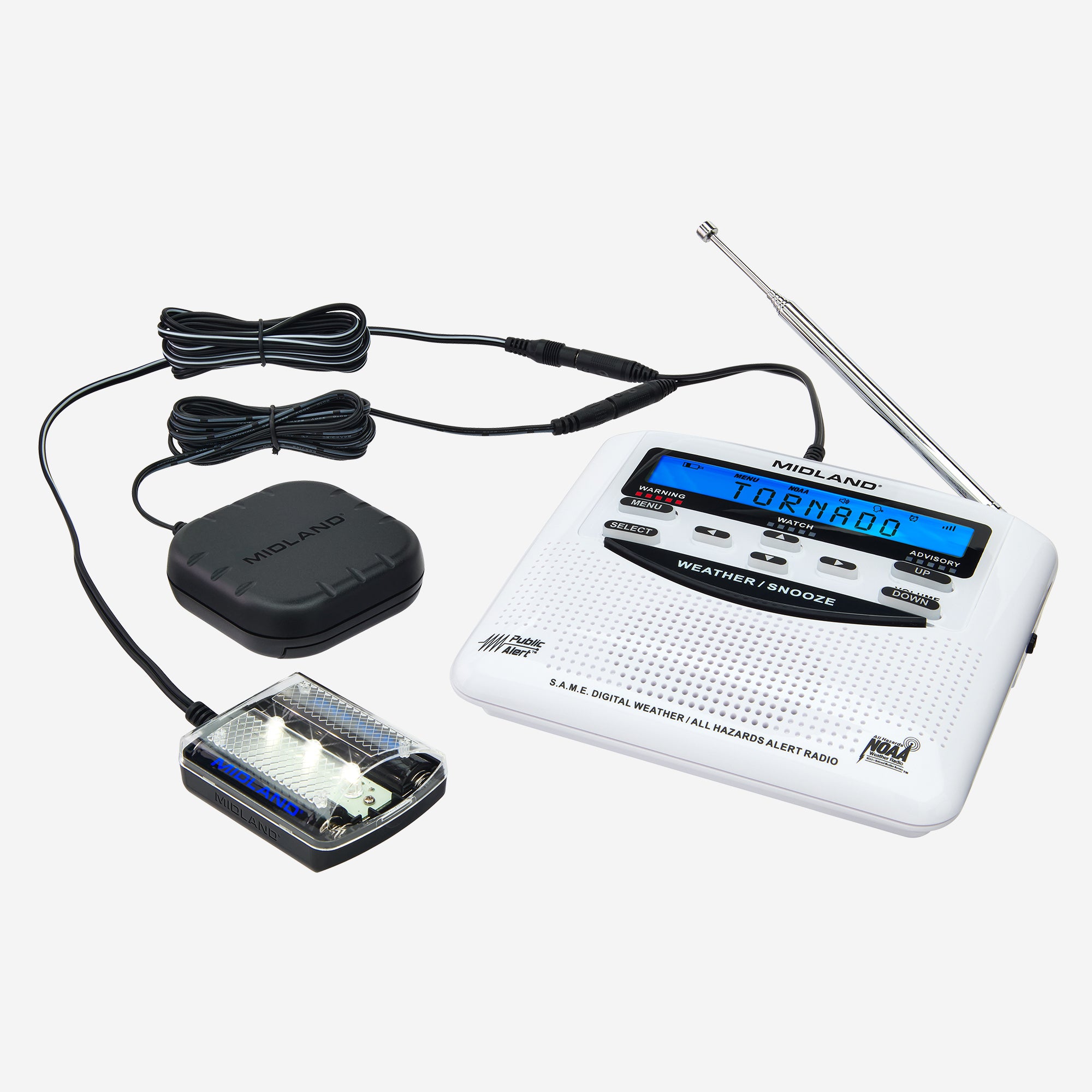 NOAA weather radio with bed shaker attachment