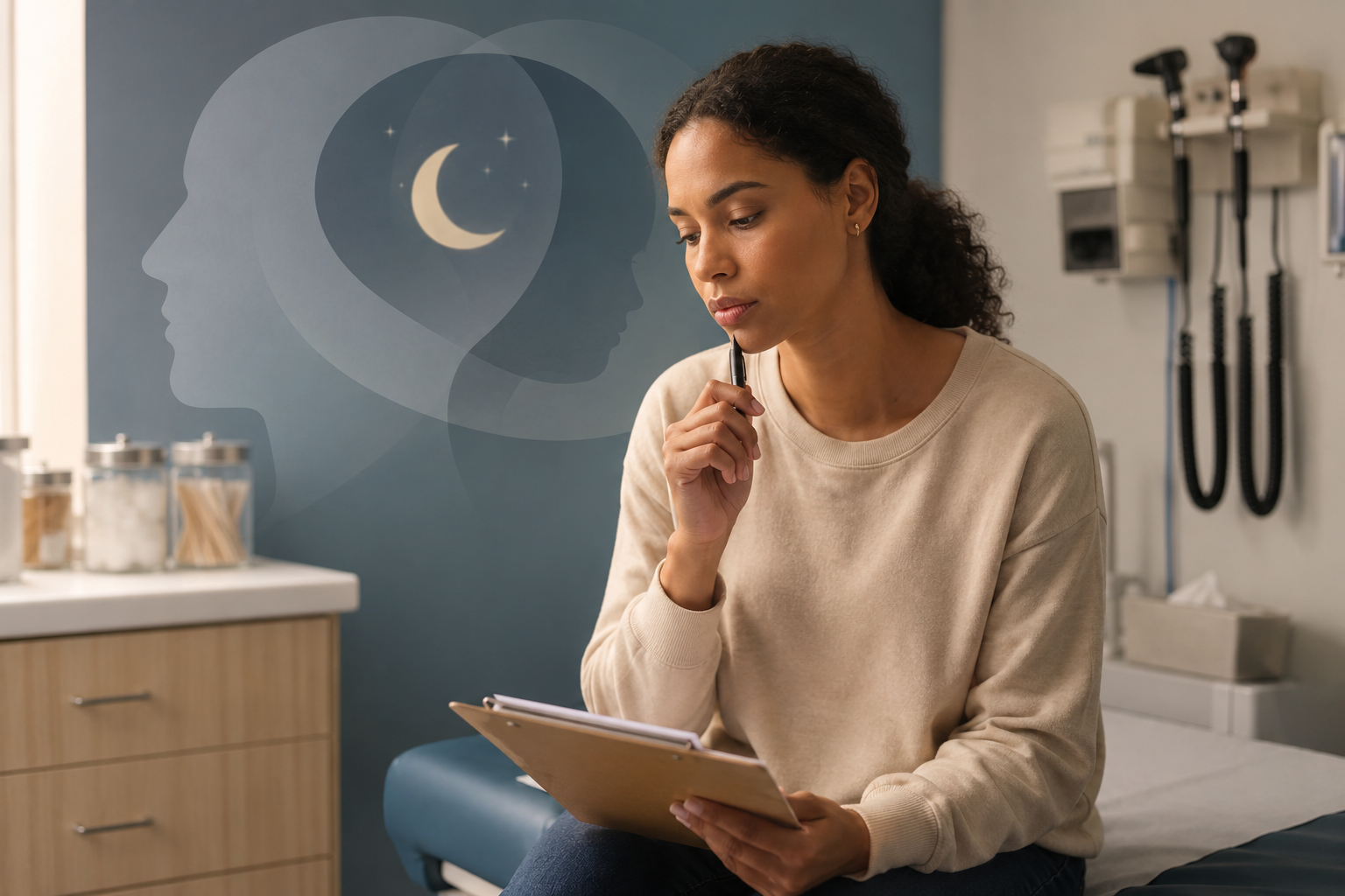 A person in a primary care exam room holding a questionnaire that connects sleep concerns with mental health screening
