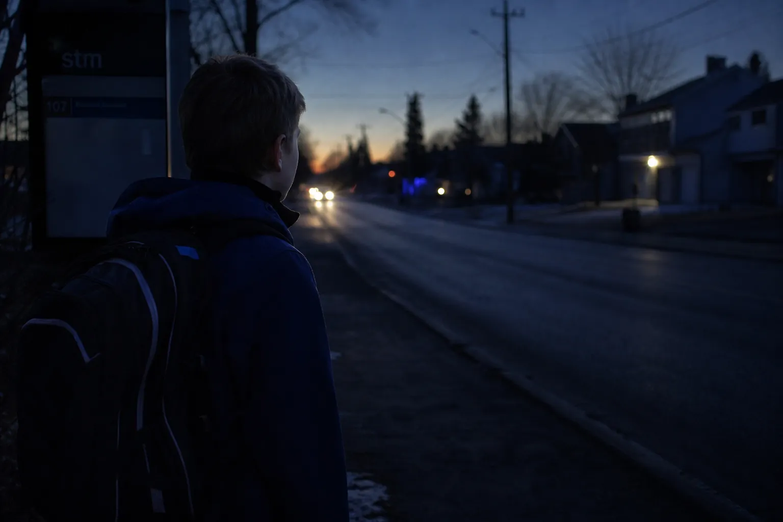 A child waiting at a school bus stop before dawn during daylight saving time