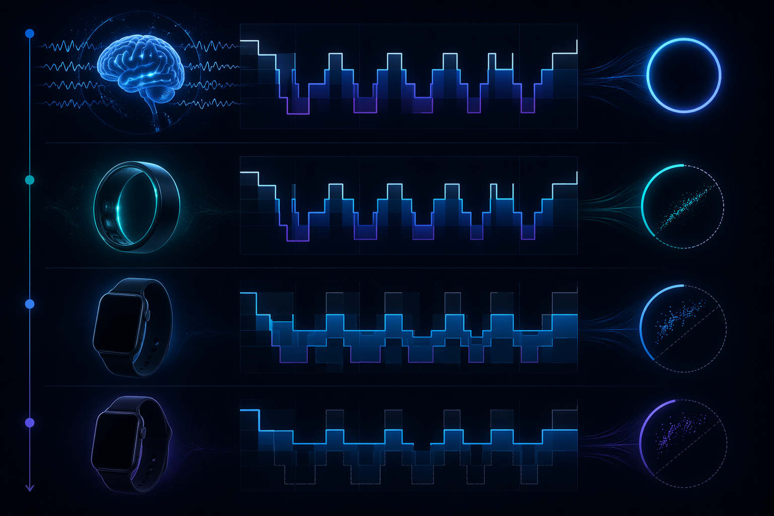 A comparison visual showing a PSG gold standard, a closely aligned ring device, and two smartwatches with increasing sleep-stage misalignment.