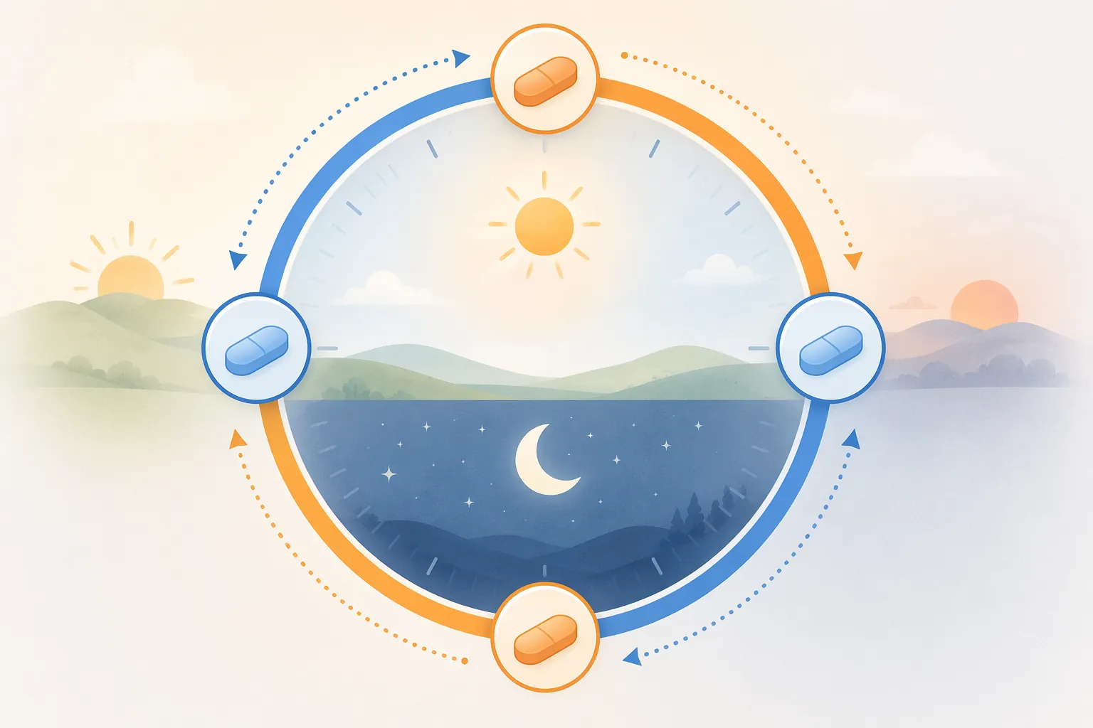 Editorial illustration of a 24-hour dosing timeline with alternating colored medication pathways