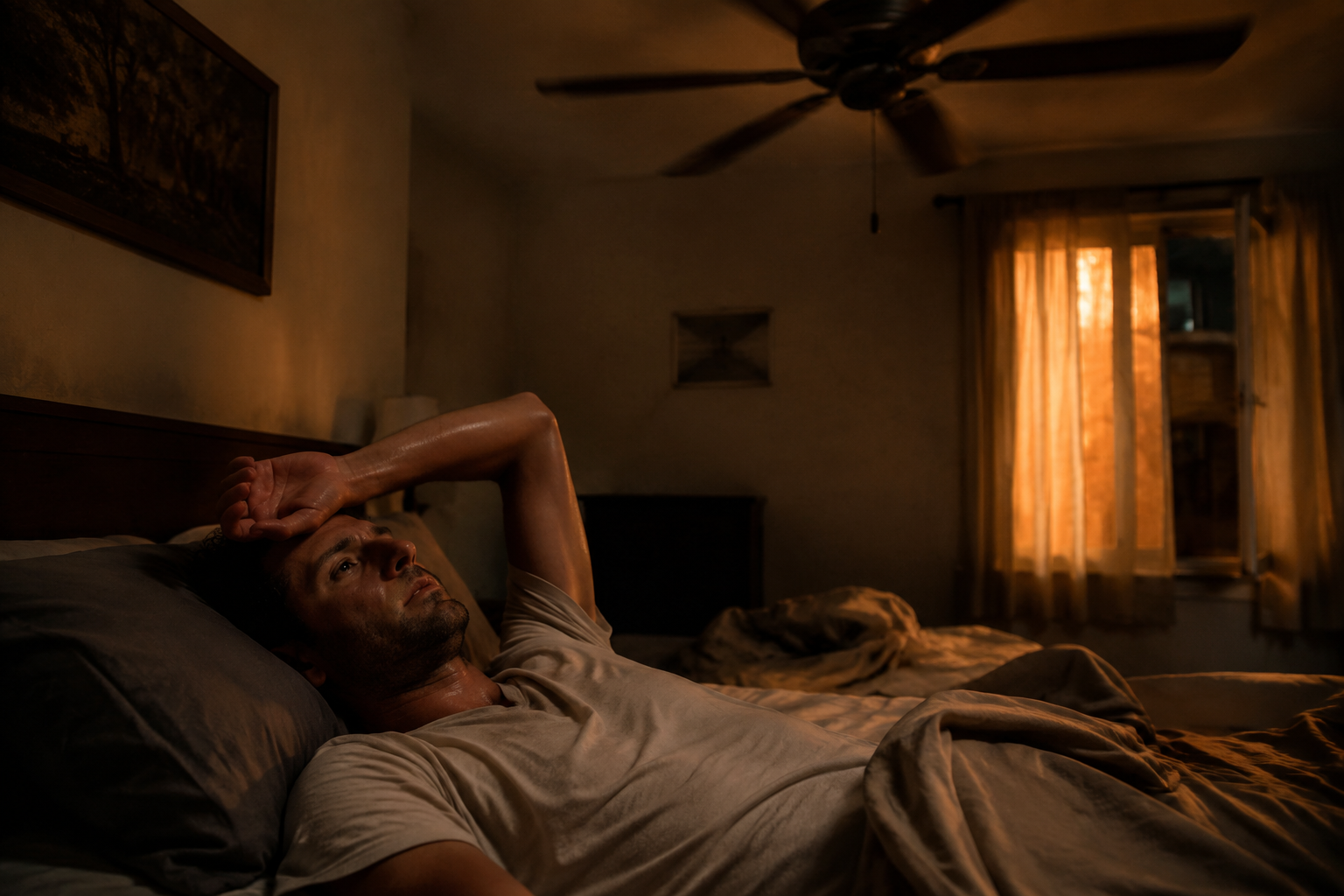A person lying awake in a hot bedroom during an excessive heat warning with a ceiling fan overhead