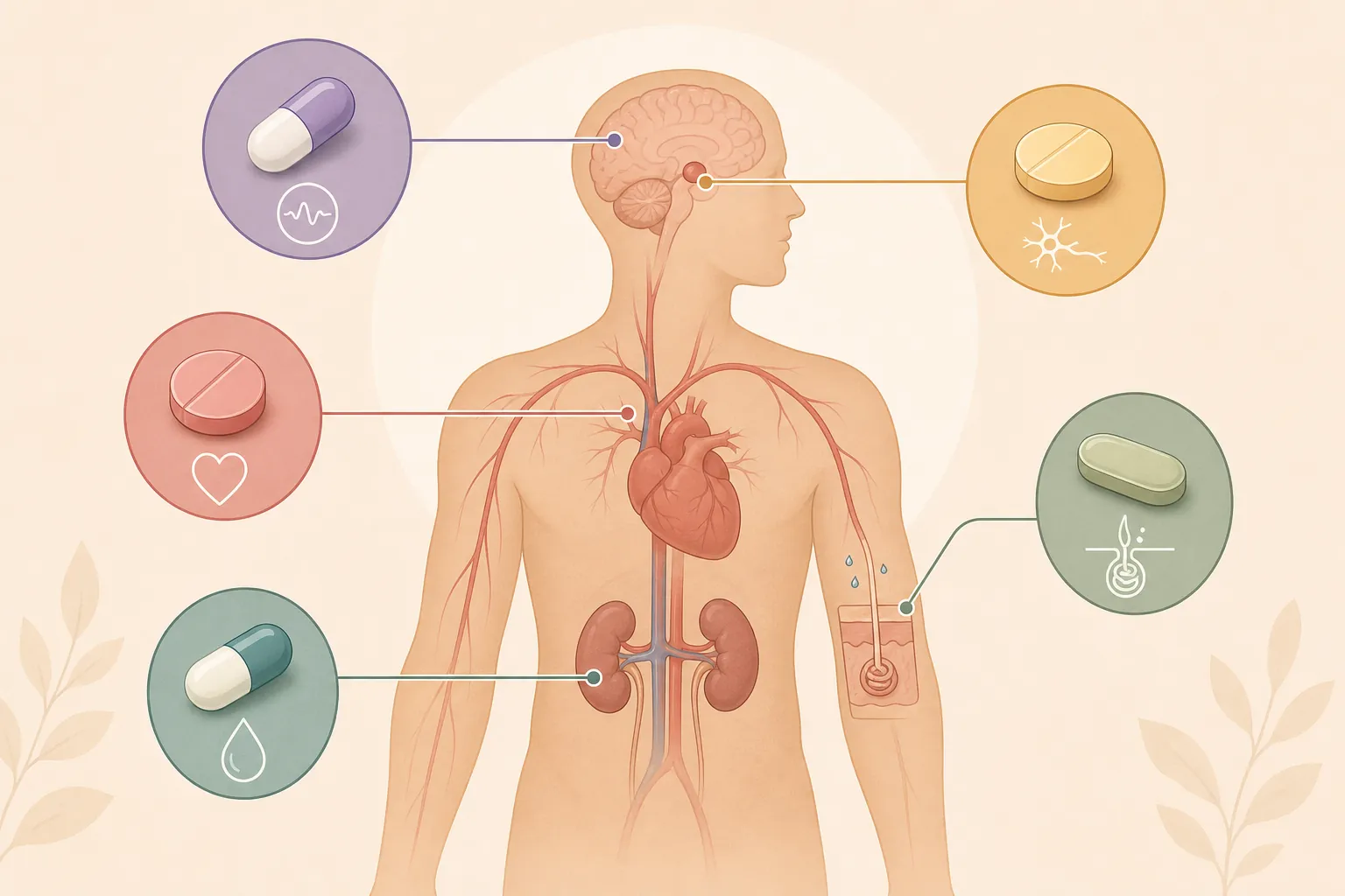 Illustration of medication classes connected to body cooling pathways including kidneys, blood vessels, brain, and skin