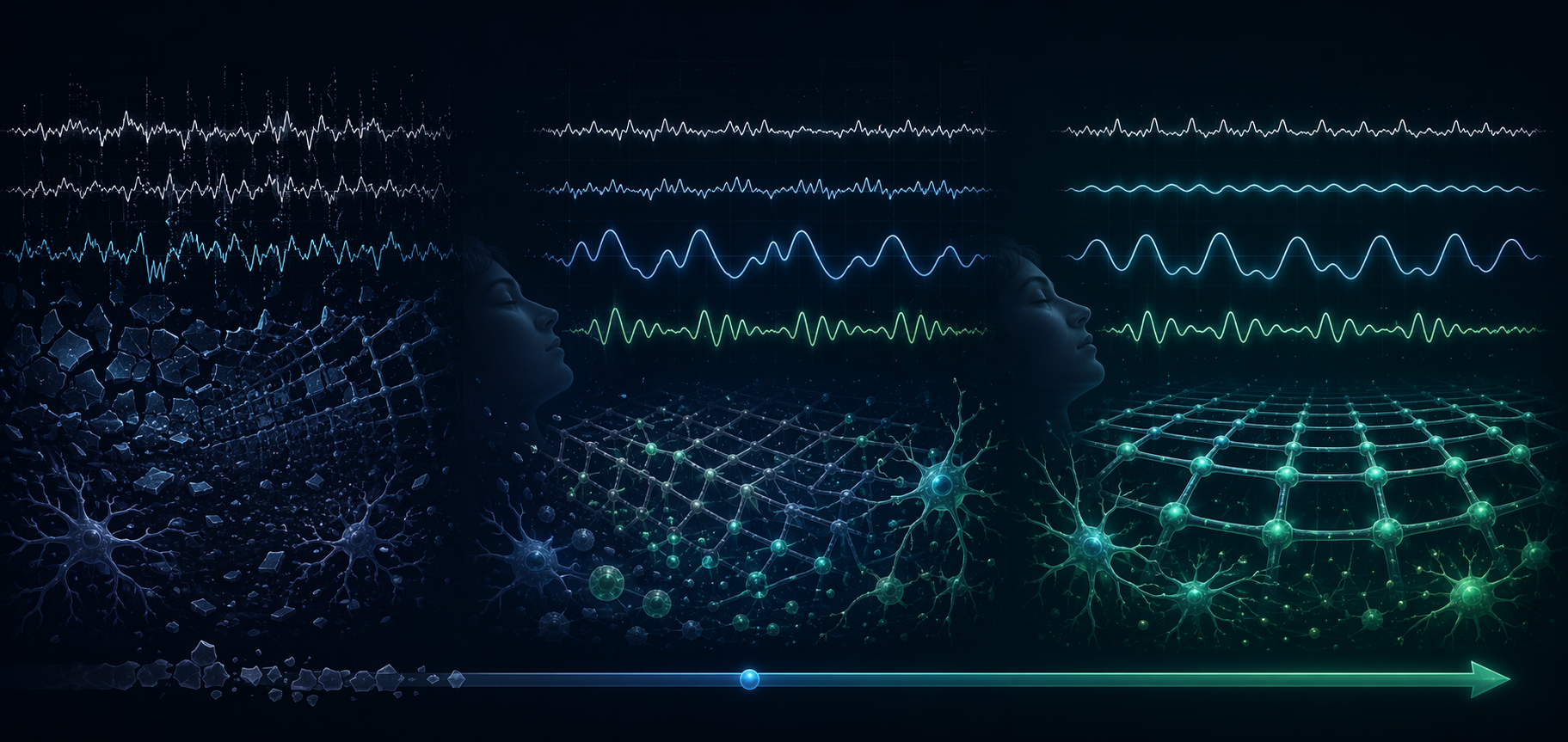 Timeline showing fragmented sleep architecture gradually reorganizing during abstinence