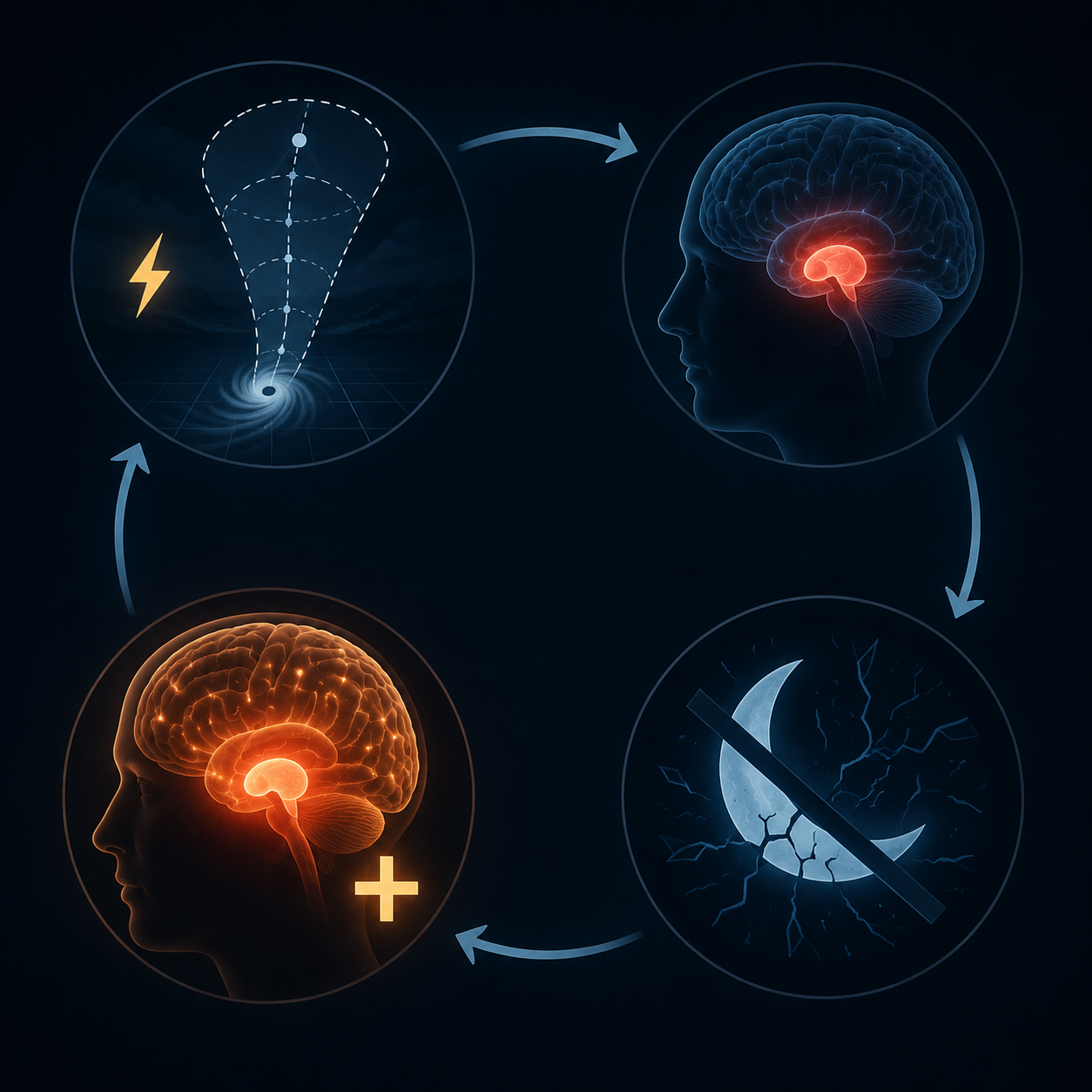 Diagram showing hurricane forecast uncertainty feeding into threat circuitry, disrupted sleep, and heightened threat sensitivity