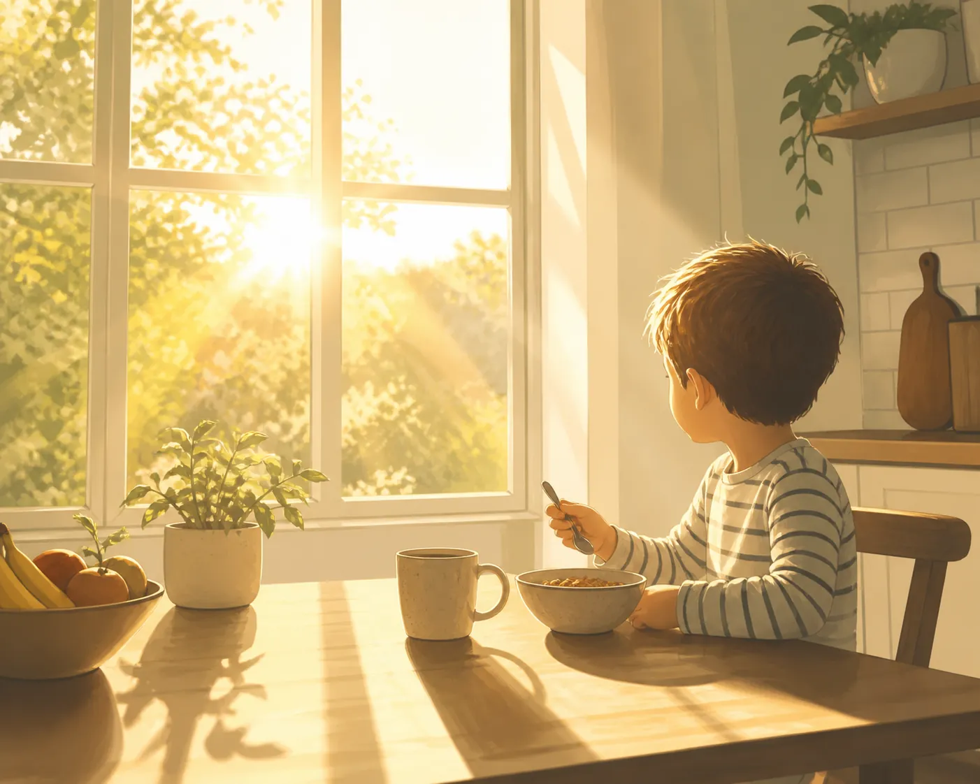 A young child eating breakfast in bright morning sunlight at a kitchen table