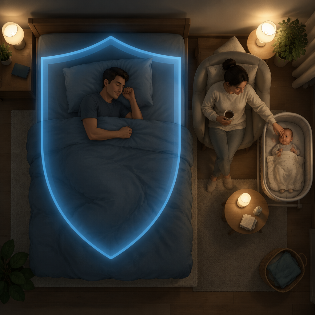 Bedroom illustration showing one person protected for uninterrupted sleep while another person cares for a baby nearby