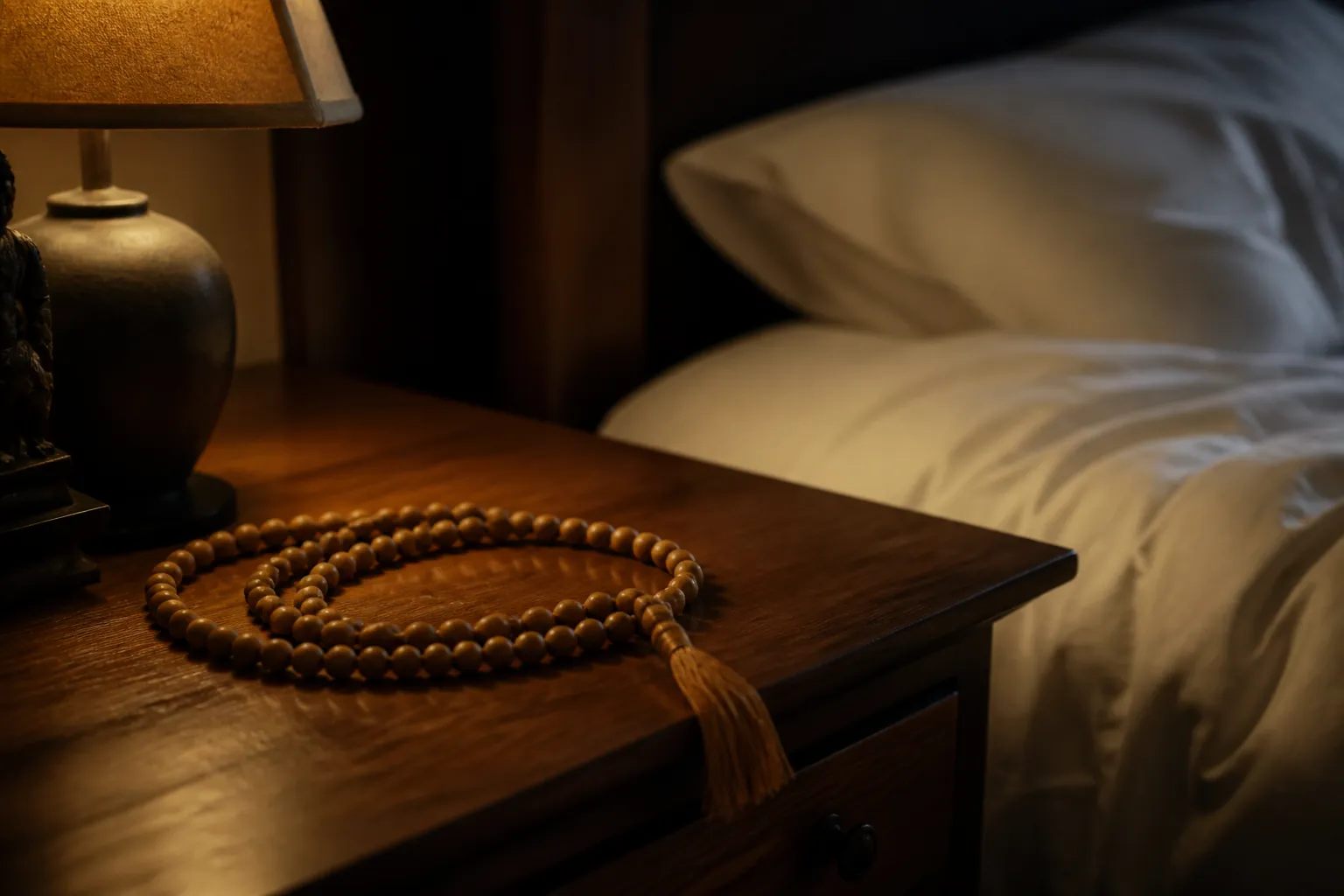 A sandalwood Japa Mala on a wooden nightstand beside a bed in soft warm light