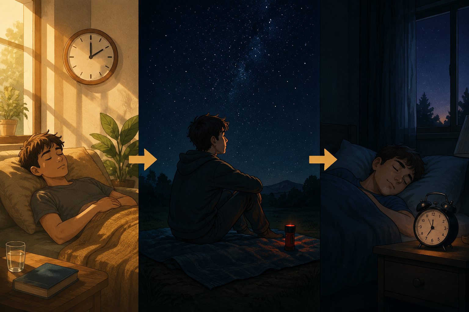 Illustration of a sleep-smart meteor shower plan with an afternoon nap, red-light stargazing, and recovery sleep
