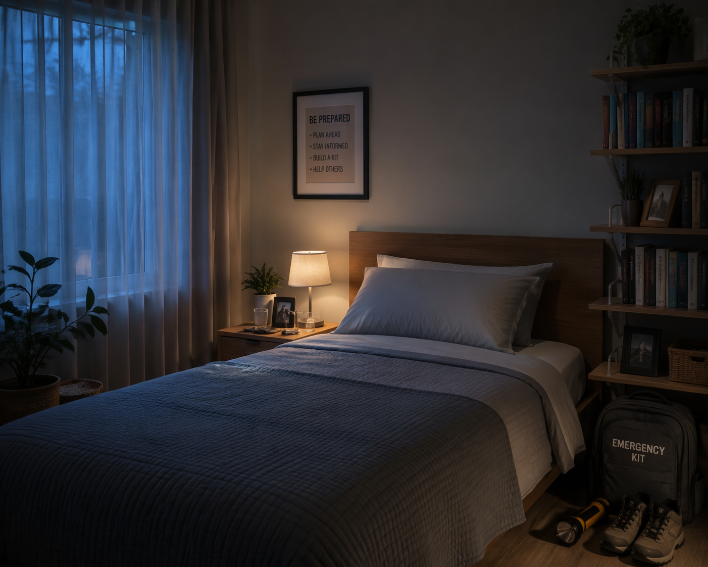 Calm bedroom at night with secured furniture, a bedside flashlight, and no items hanging above the bed