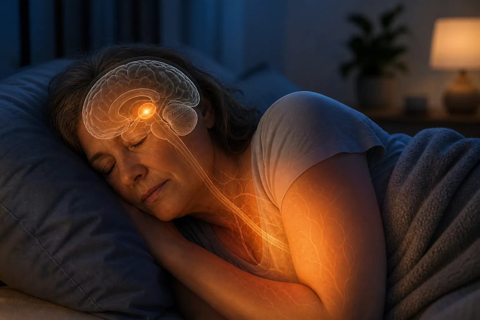 Middle-aged woman sleeping in a cool-toned bedroom with a warm glow over the hypothalamus region of the brain