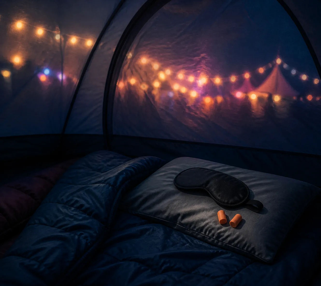 Eye mask and earplugs on a pillow inside a tent at night