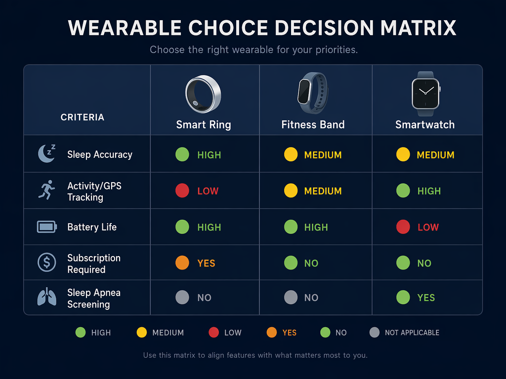 A decision matrix on a dark navy background with three columns (Smart Ring, Fitness Band, Smartwatch) and five decision criteria rows, each cell color-coded to show how each form factor performs.