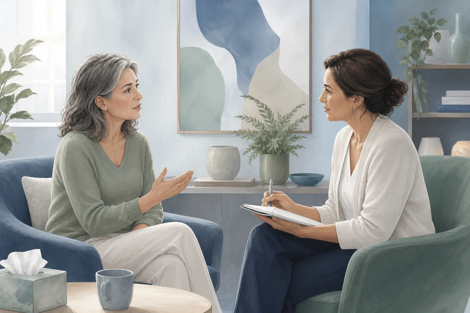 Woman in her early 50s talking with a female healthcare provider in a calm consultation room