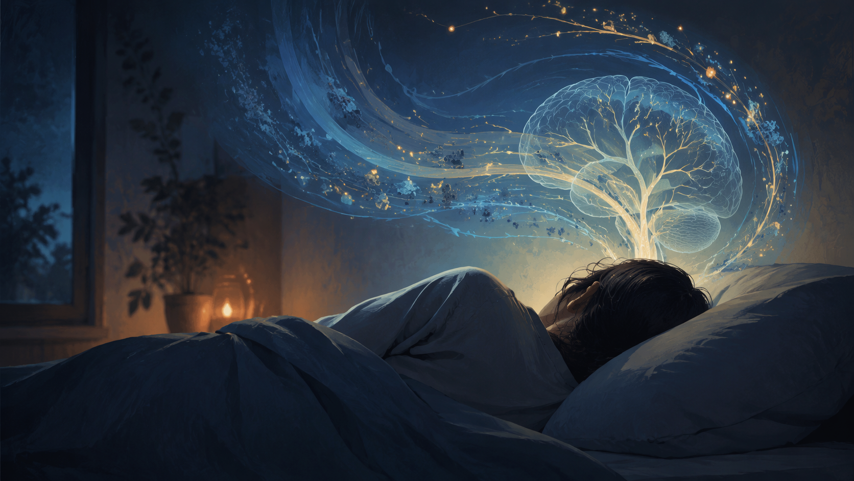 Person resting in a dim bedroom with soft light and abstract neural patterns suggesting brain recovery during sleep