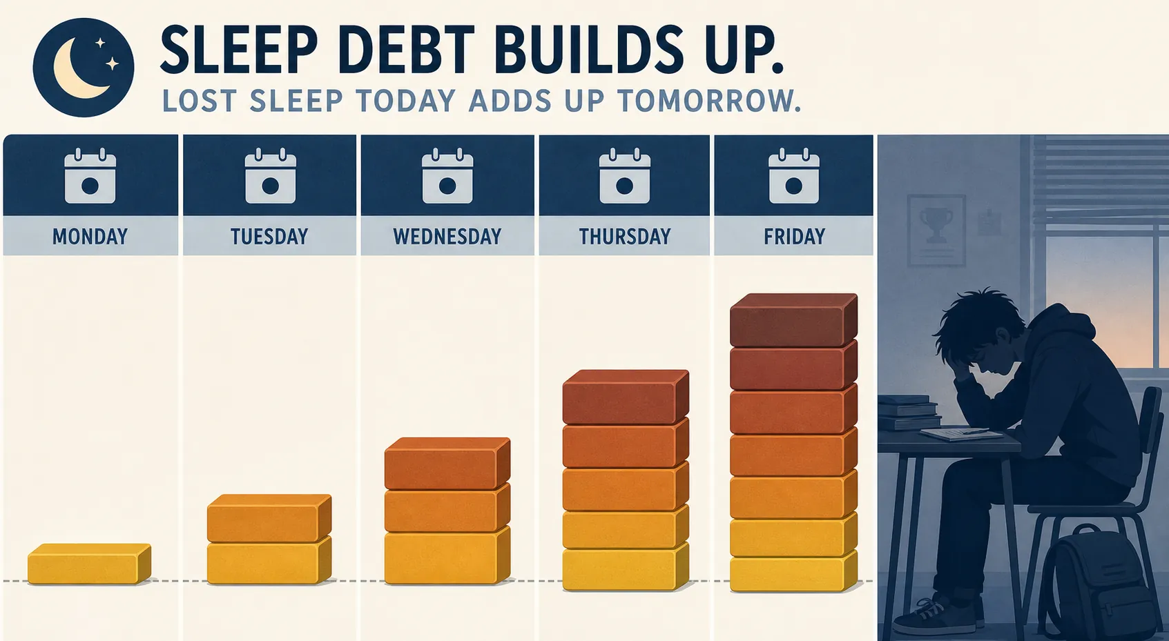 Editorial illustration of teen sleep loss accumulating from Monday through Friday