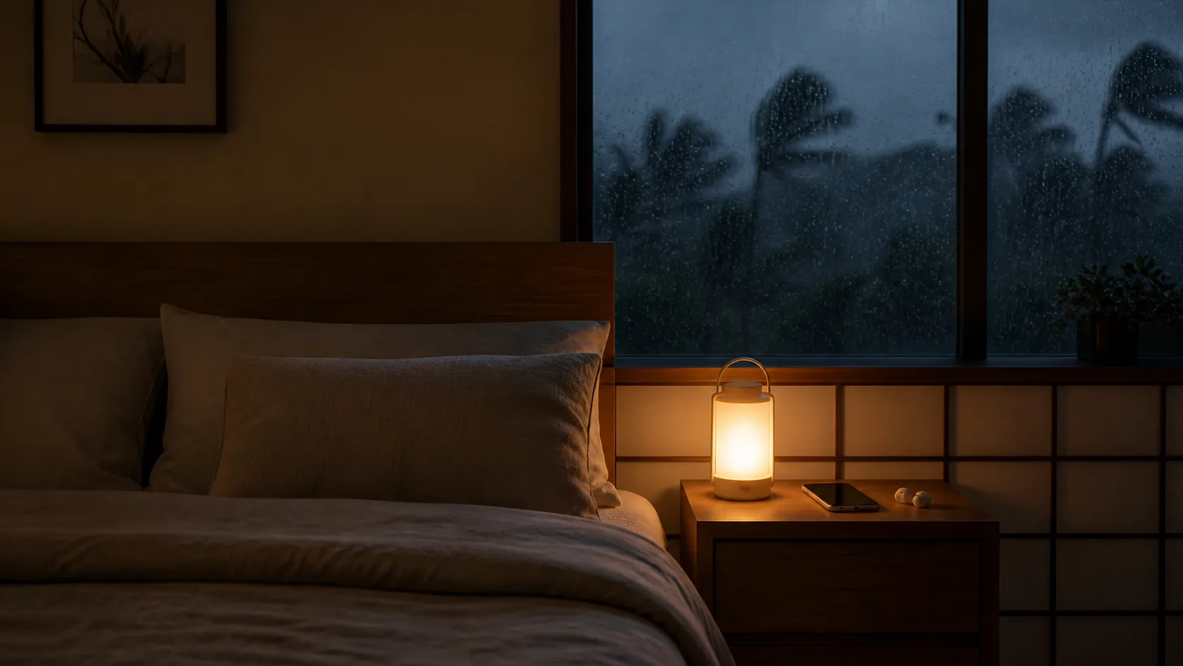 Prepared Japanese bedroom at night during a typhoon with a battery lantern, phone, earplugs, and light bedding