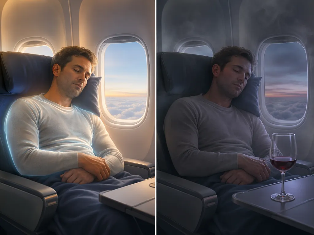 Side-by-side illustration of a passenger sleeping at cabin altitude with and without a wine glass nearby