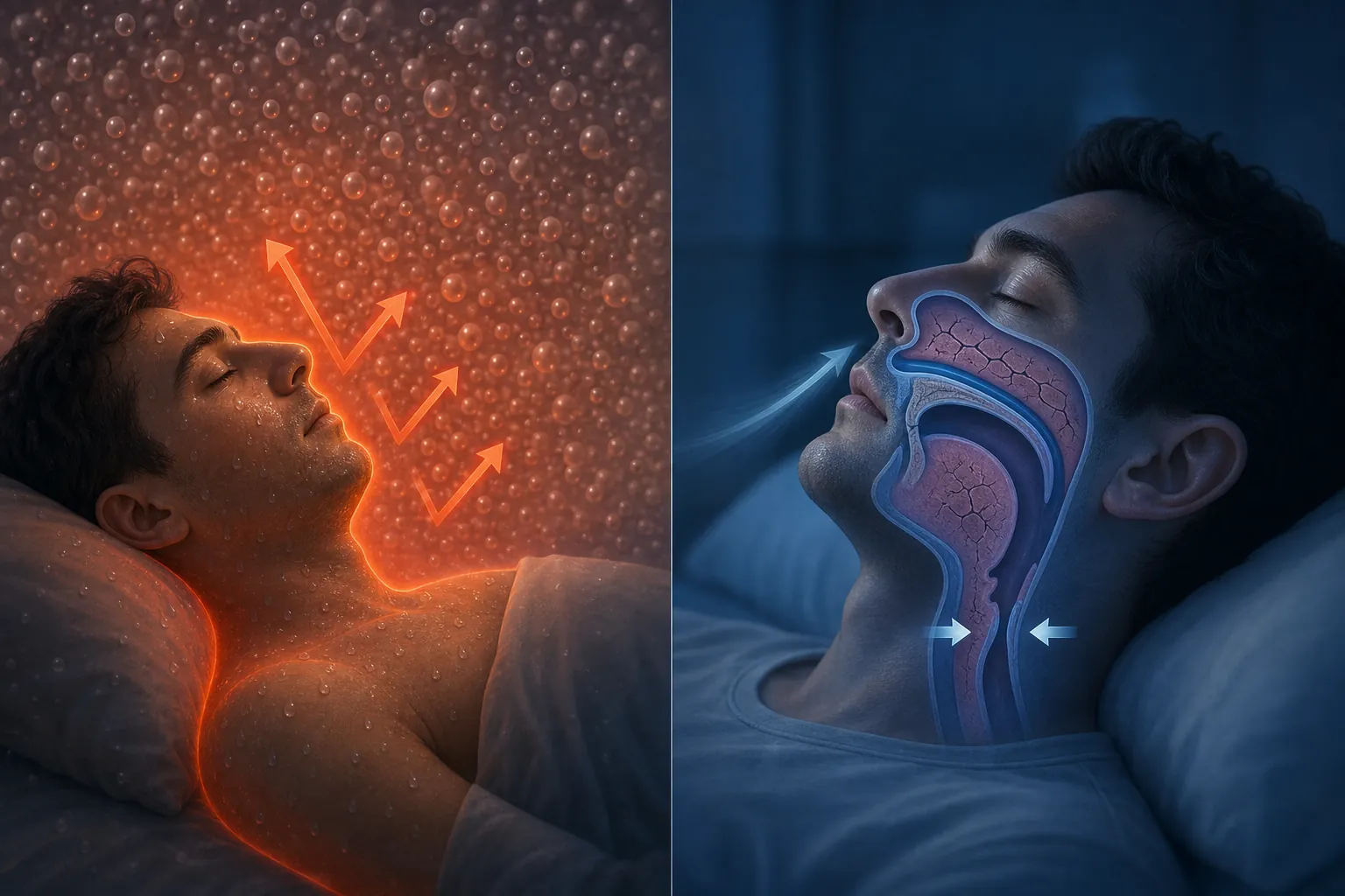 Split illustration contrasting high-humidity heat trapping near the skin with low-humidity drying of the nasal and throat passages