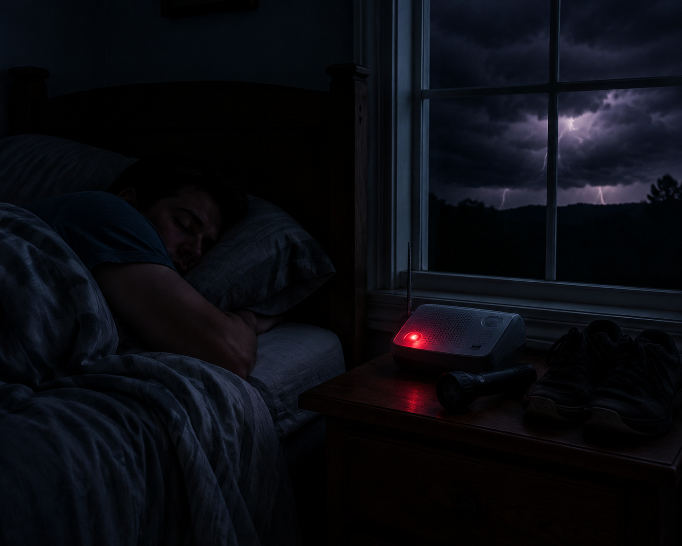 Bedroom at night with a glowing NOAA weather radio, flashlight, and shoes beside the bed while storms approach outside