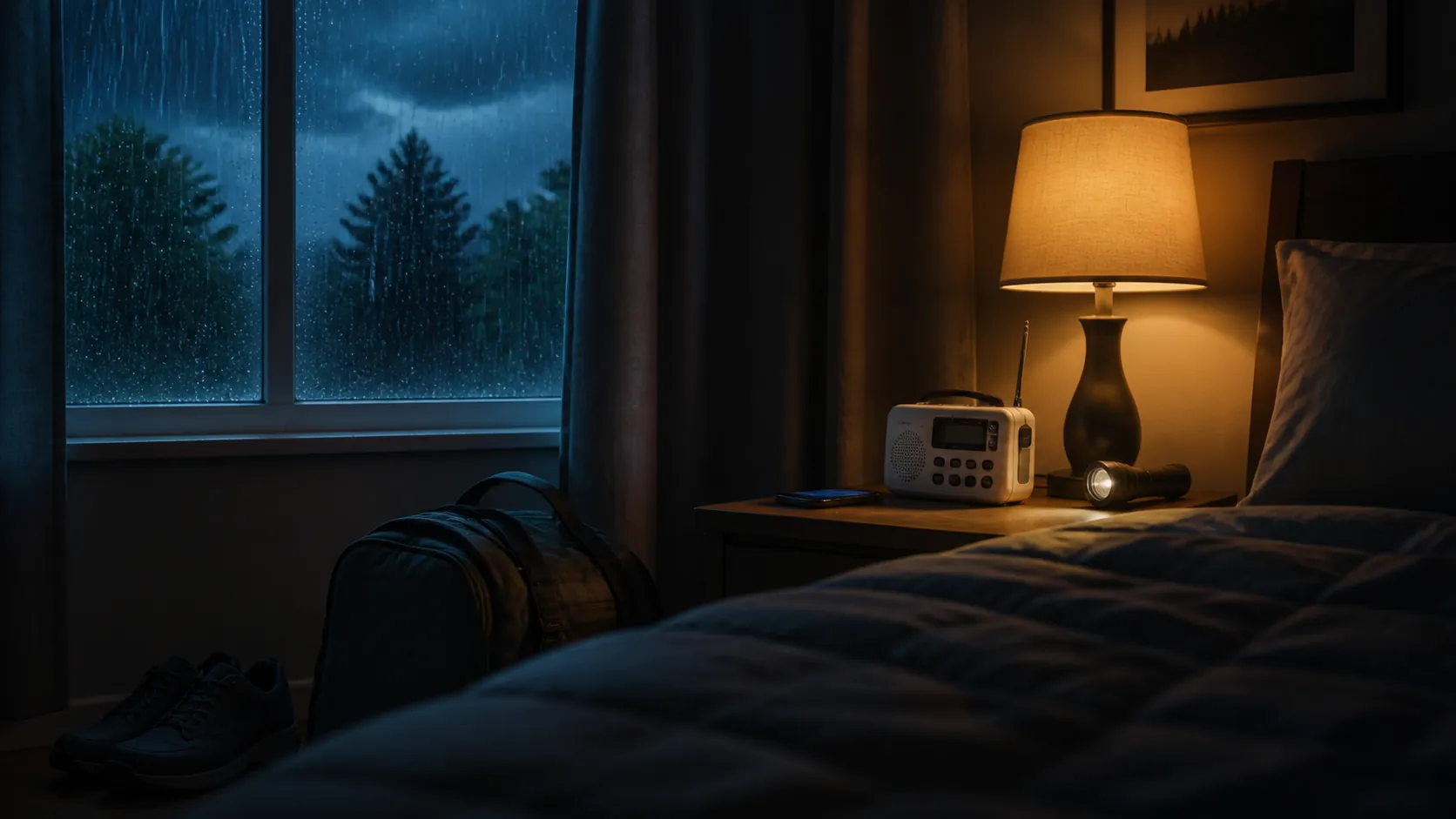 Prepared bedroom at night with rain outside, NOAA weather radio, phone, flashlight, shoes, and go-bag