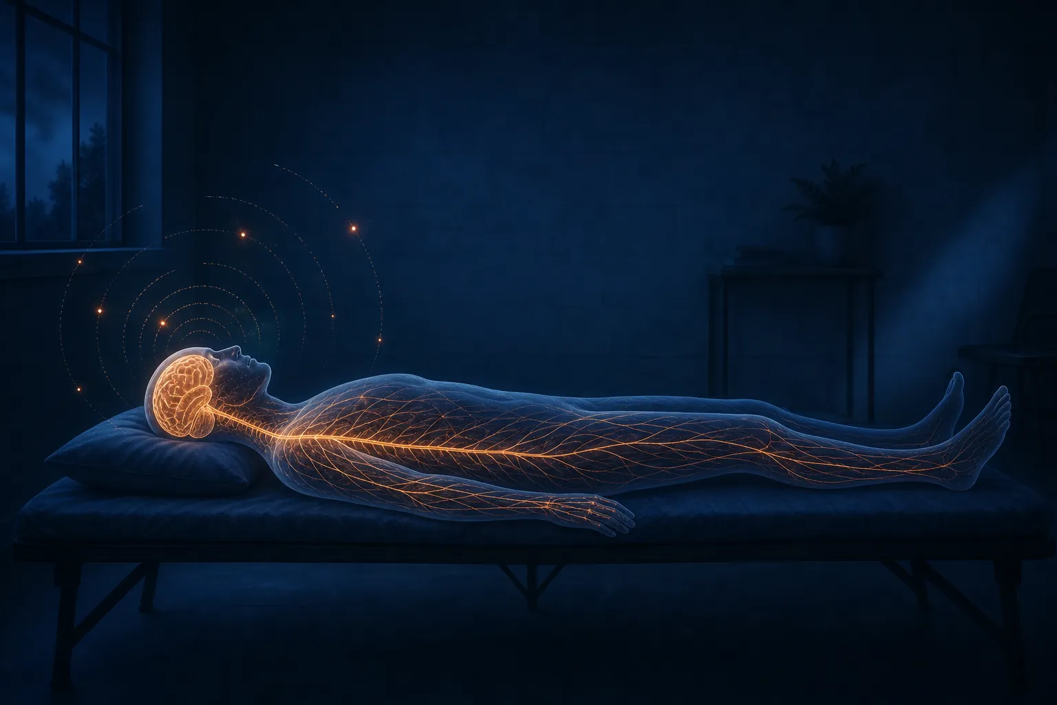 Illustration of an alert nervous system while a person lies on a cot