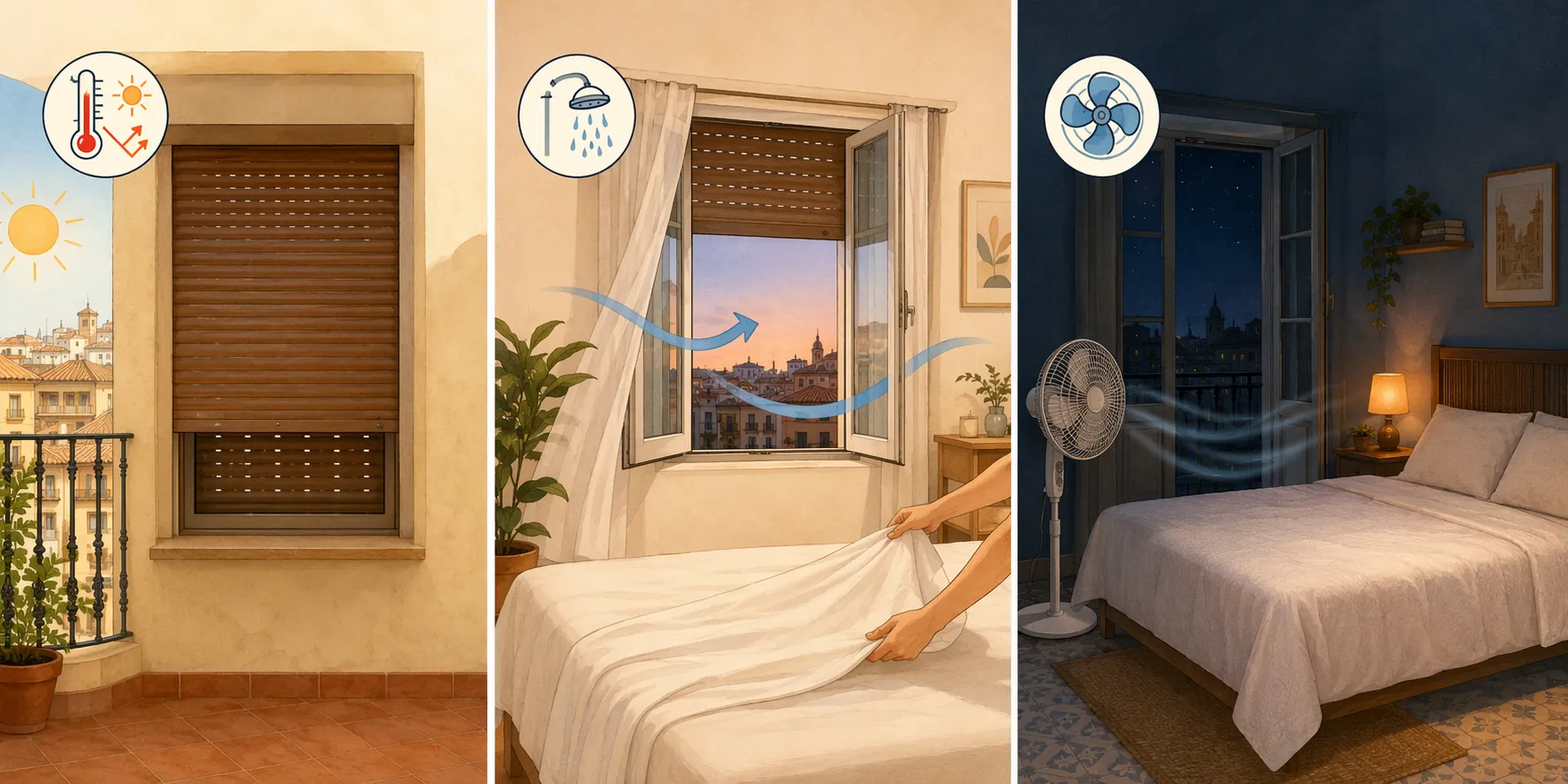 Three-panel illustration of a Spanish heat-alert sleep protocol with closed persiana, evening ventilation, shower, cotton bedding, and angled fan placement