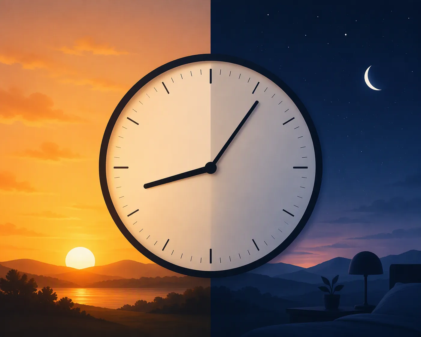 Analog clock hands out of sync with a low sun between late-afternoon gold and pre-dawn blue