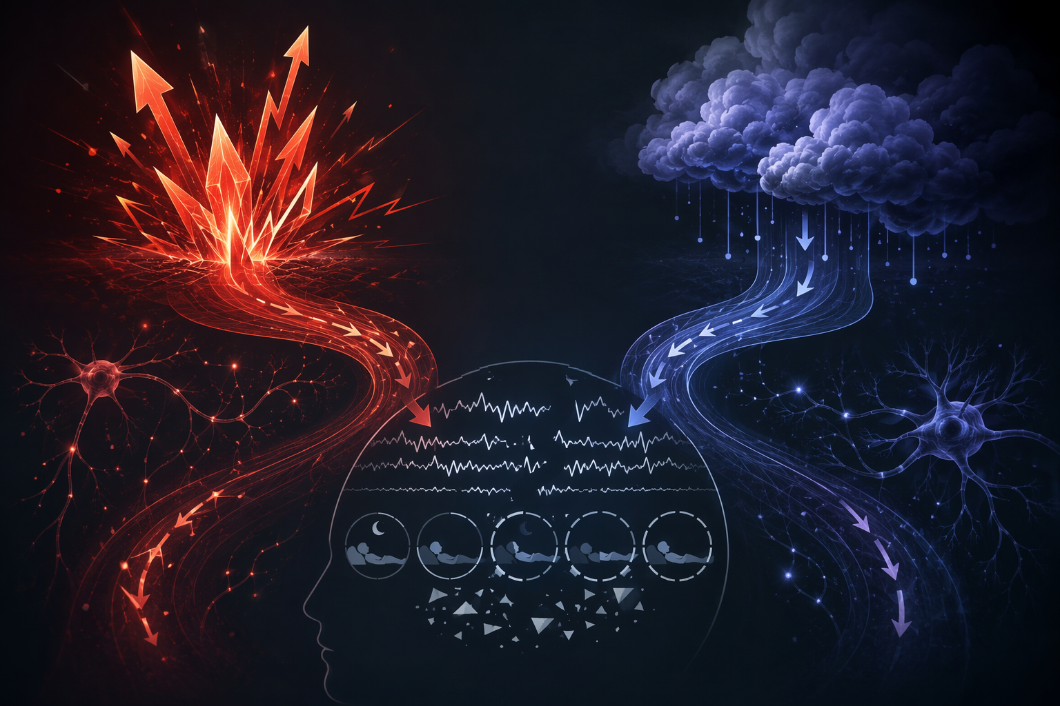 Abstract stimulant and depressant pathways converging on fragmented sleep wave patterns