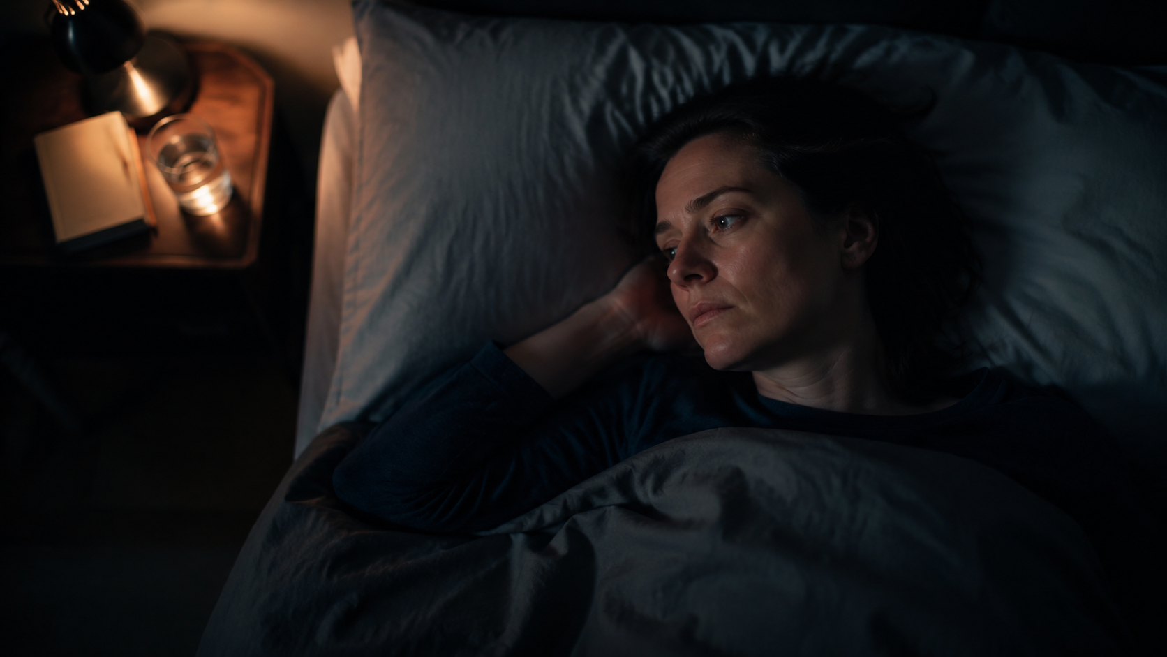 A person lying awake in a dimly lit bedroom at night
