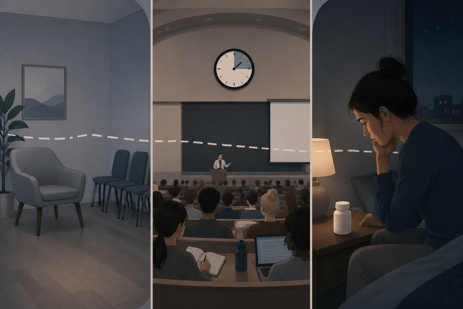 Three panels showing an empty therapy room, a medical lecture hall with a 2.5 hour clock, and a pill bottle beside a bedside lamp