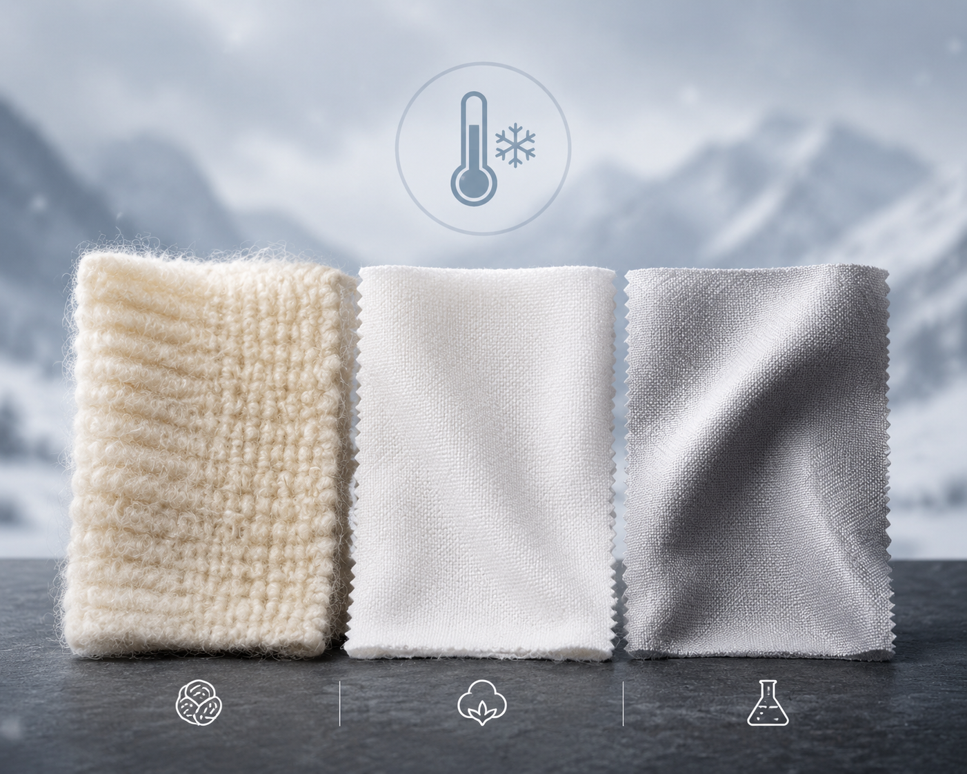 Merino wool, cotton, and polyester fabric swatches shown side by side for cold conditions