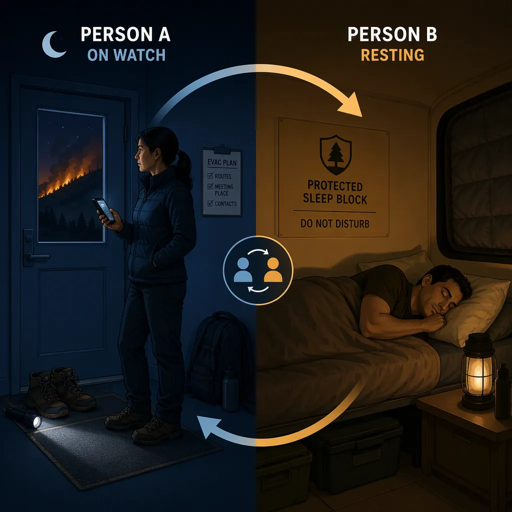 Illustration of a two-person shift-sleeping rotation with one adult on watch and one adult resting