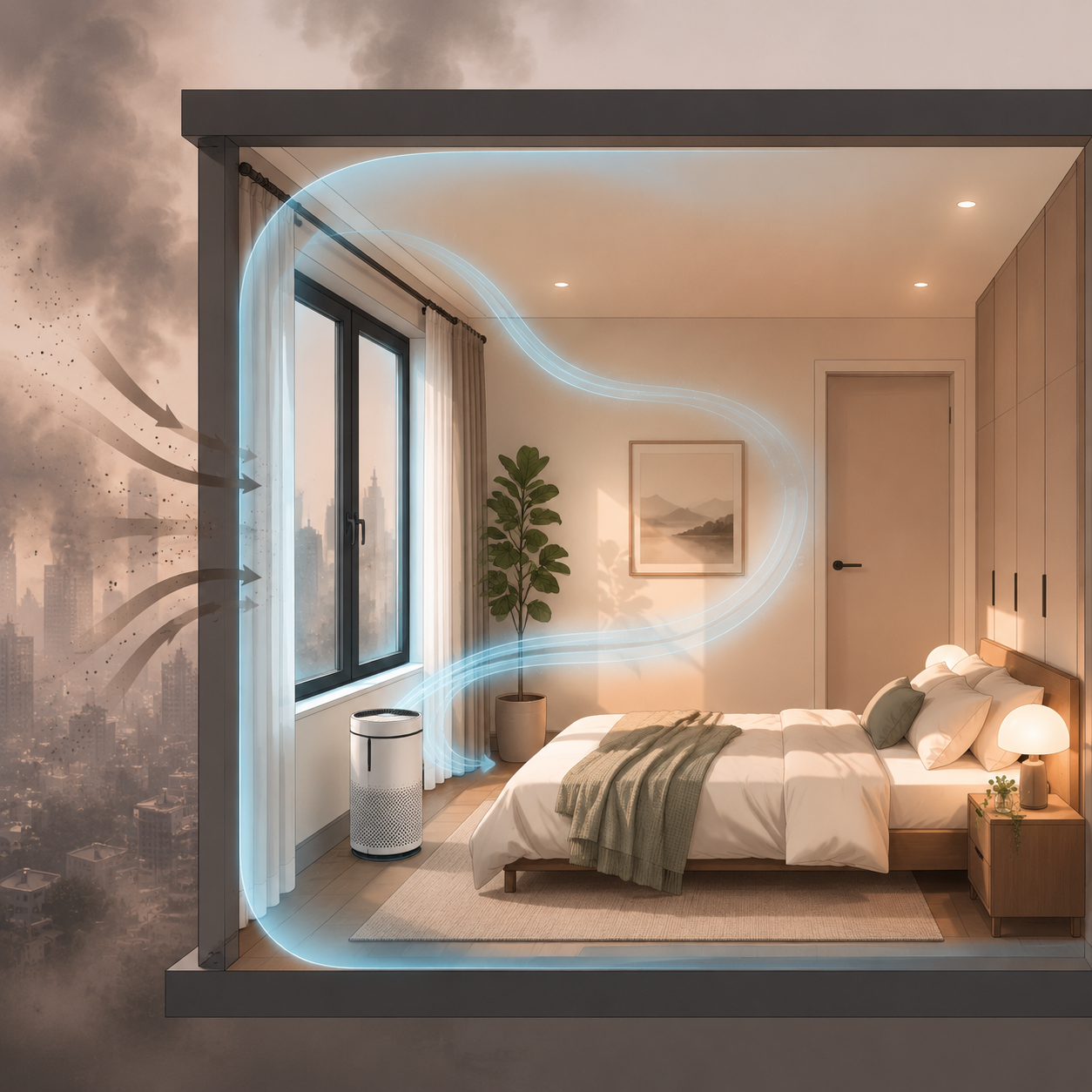 Bedroom cross-section showing closed windows, closed doors, a running HEPA purifier, and smoky air outside
