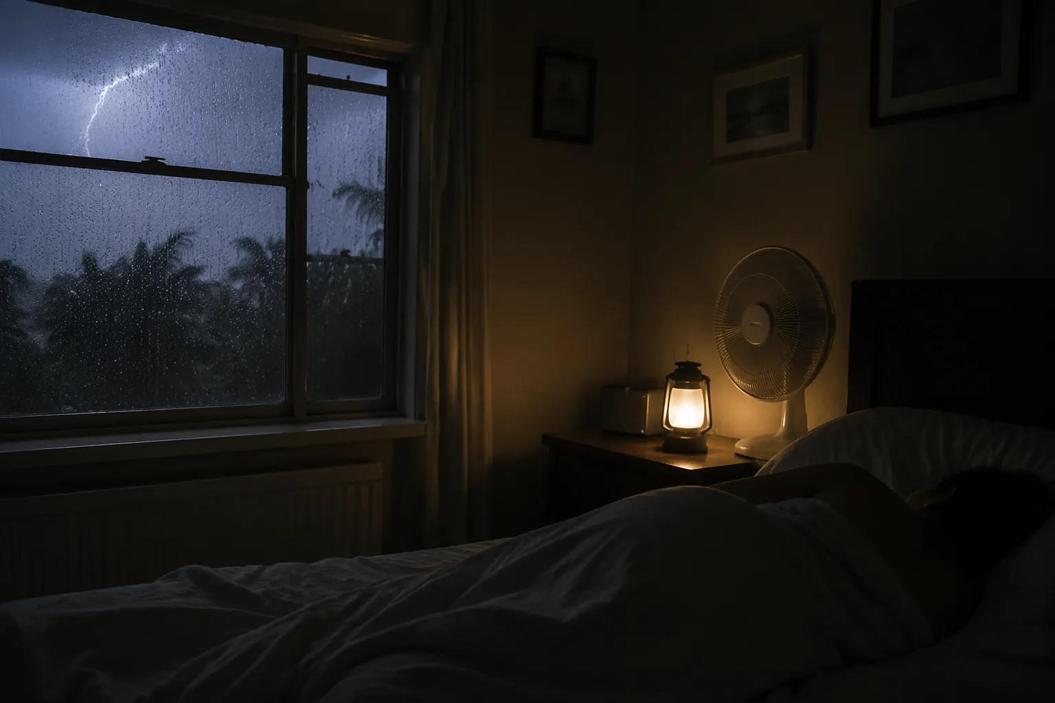 Dim bedroom during a tropical storm with rain at the window, a lantern, and a battery-powered fan