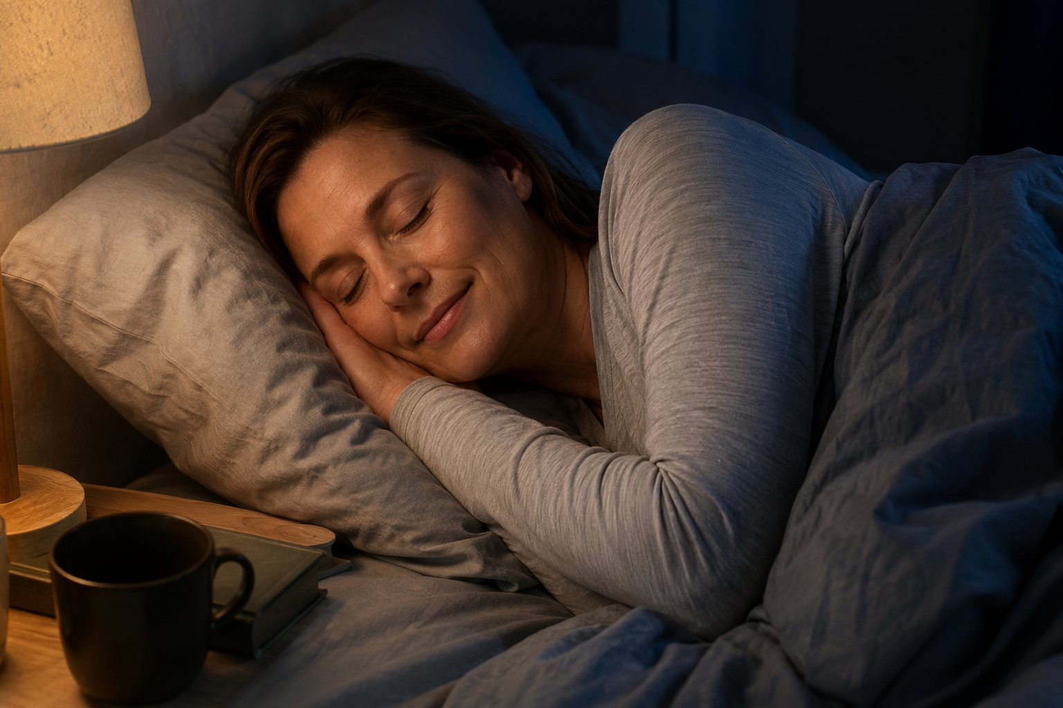 A person wearing cream-colored merino wool base layer sleepwear in a cool-toned bedroom