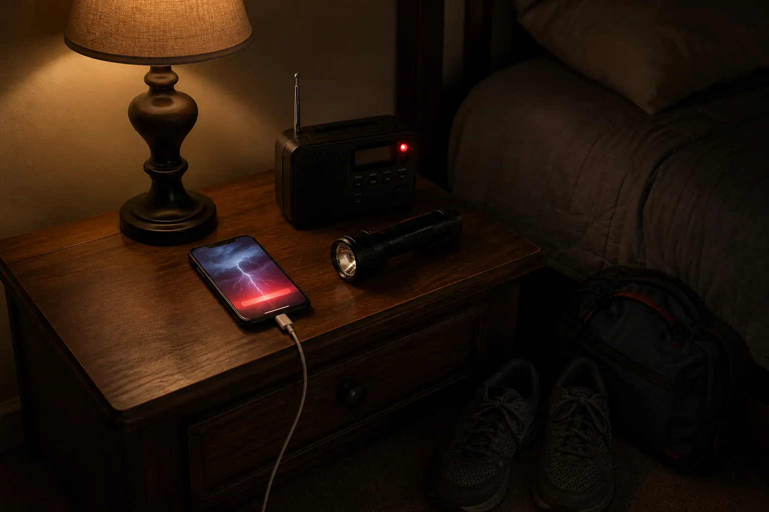 A nightstand prepared for severe weather with a charging phone, weather radio, flashlight, shoes, and a small bag