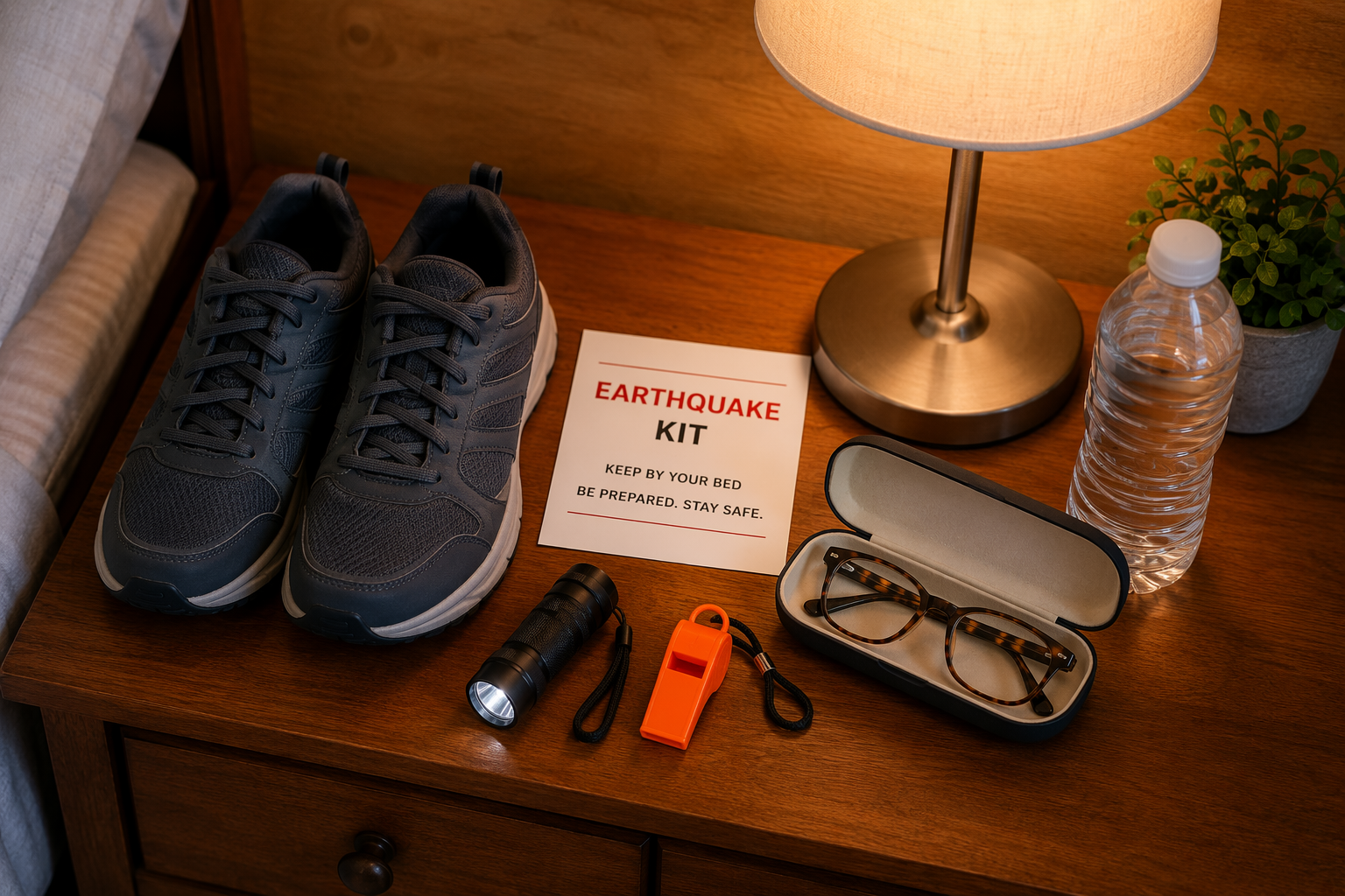 Earthquake bedside safety kit with sturdy shoes, flashlight, whistle, glasses, and water on a nightstand