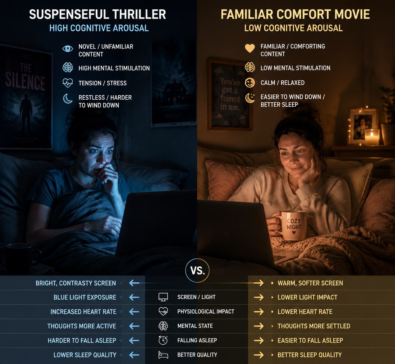 A comparison of suspenseful bedtime viewing with tense posture and familiar comfort viewing with relaxed posture