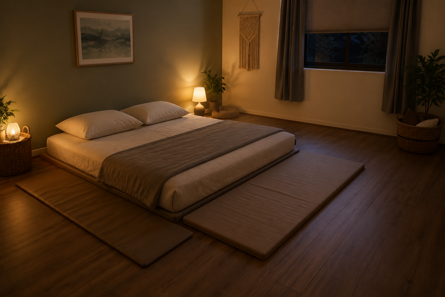 Calm uncluttered bedroom with a low-profile bed, padded mat, firm pillows, clear floor space, and soft lighting
