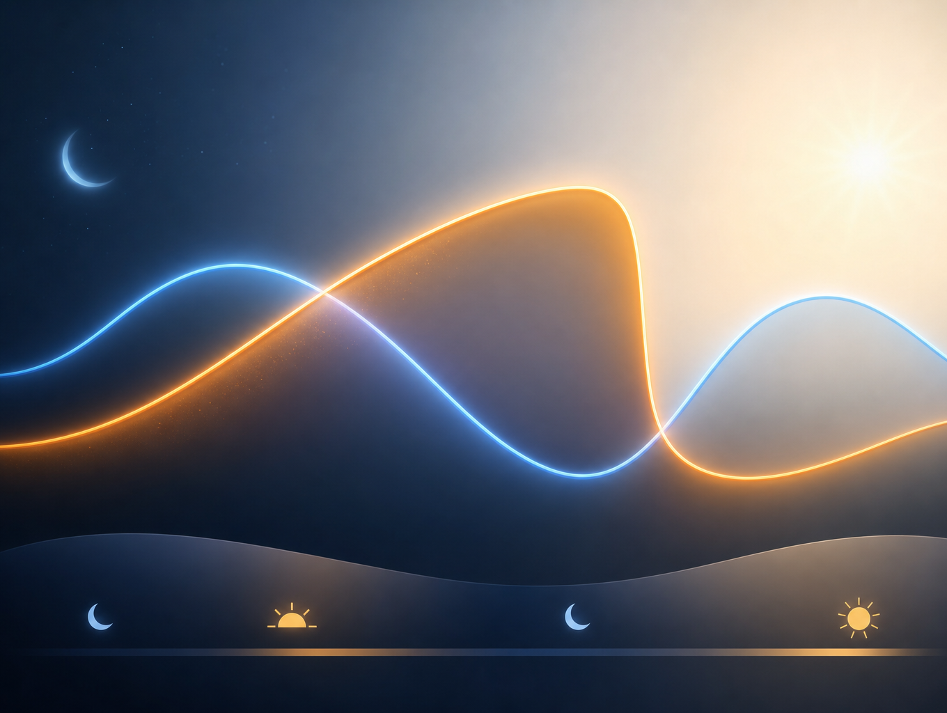 Abstract illustration of two luminous curves across a 24-hour timeline — a warm amber arc for the homeostatic sleep drive (Process S) and a cool blue sinusoidal wave for the circadian pacemaker signal (Process C) — overlapping in a central interaction zone.