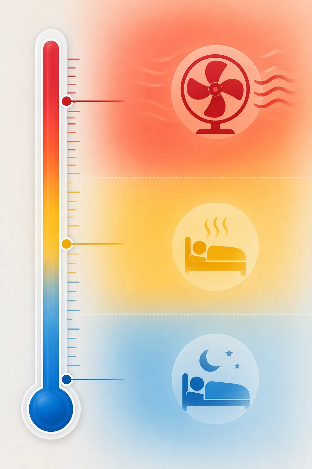 Editorial temperature scale showing cooler sleep conditions, warm disrupted sleep, and a hot fan-unsafe zone