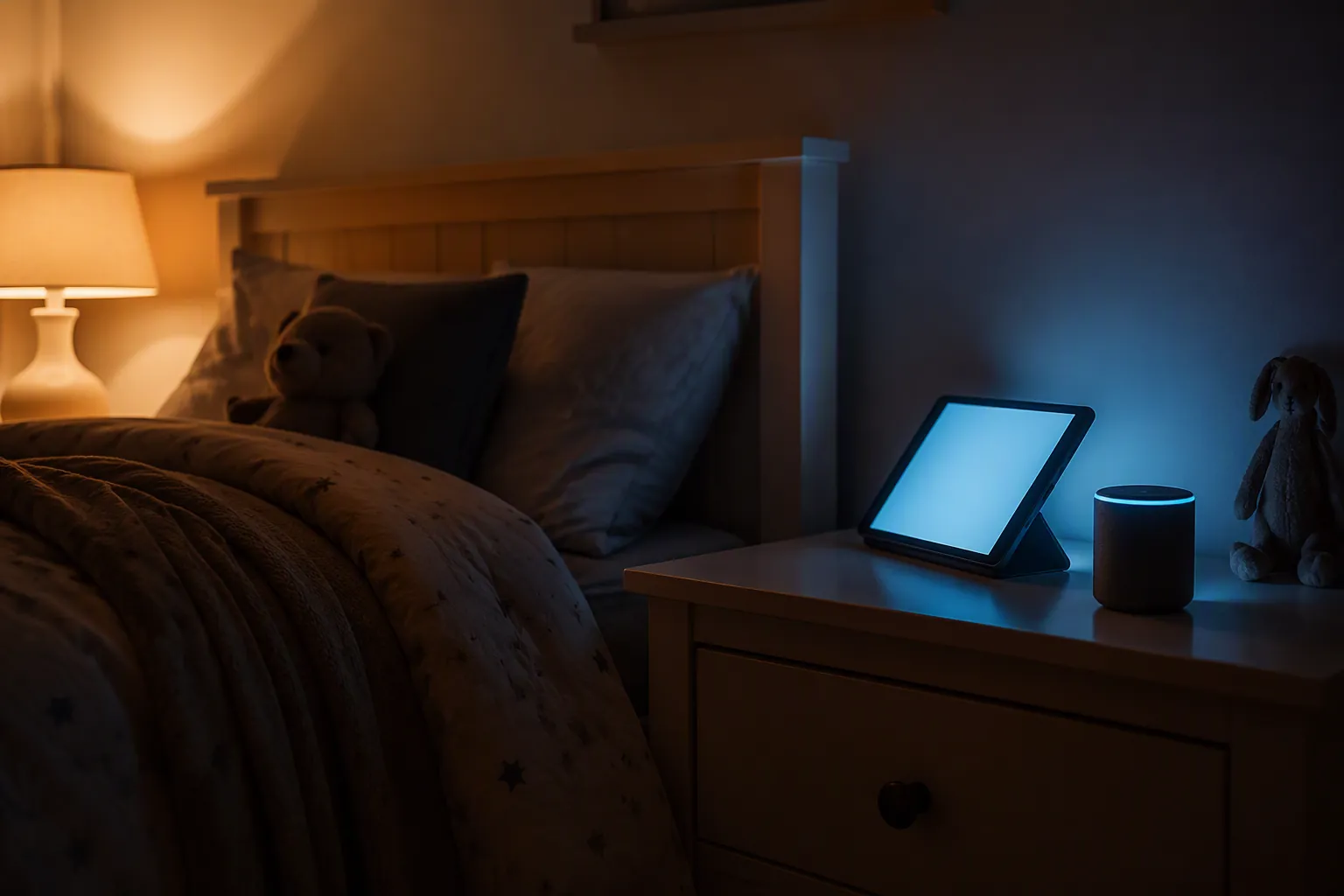 A child's bedroom at dusk with a warm sleep-ready bed area contrasted with a glowing tablet and smart speaker on the nightstand